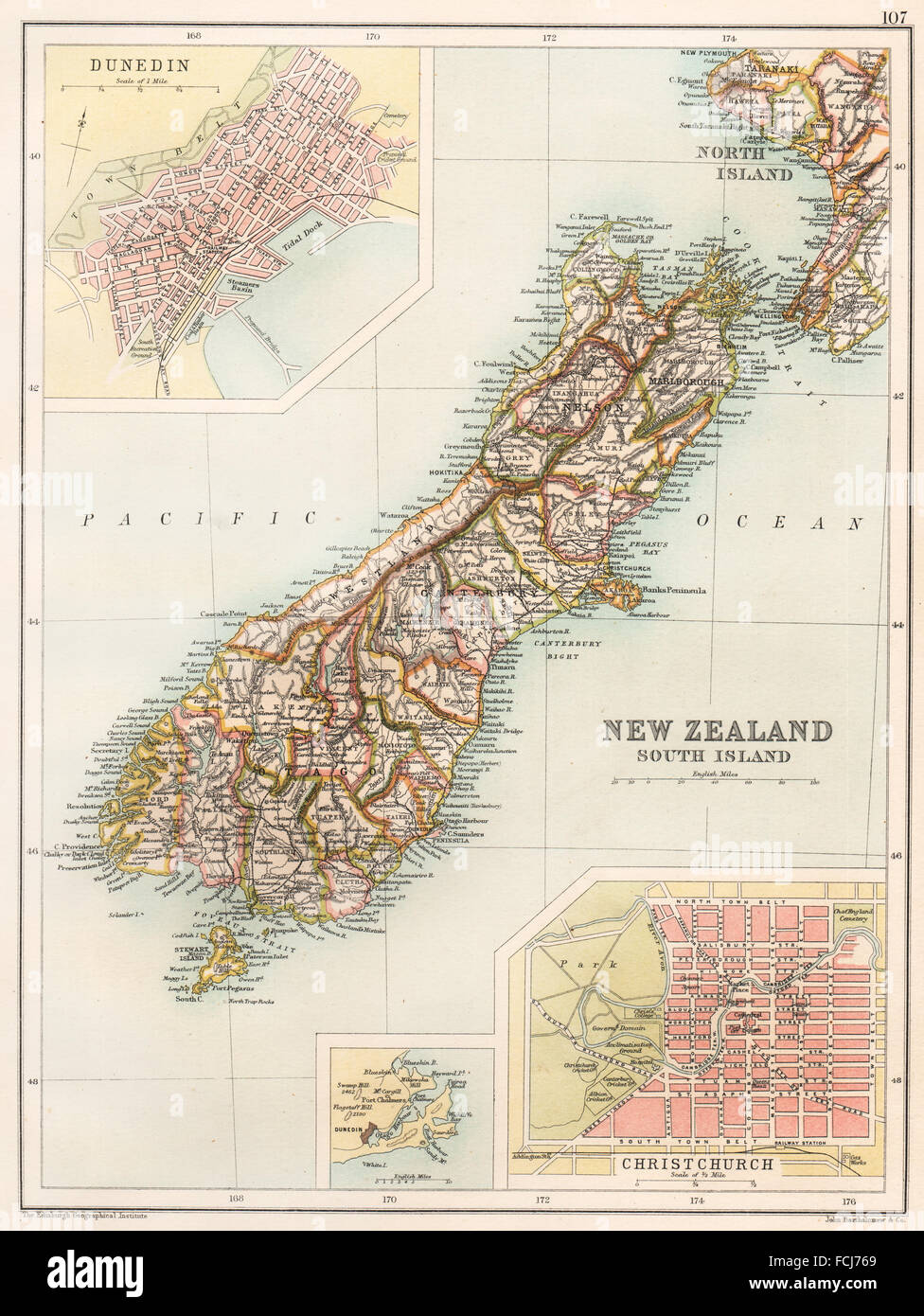 Nuova Zelanda Isola del Sud: mostra le contee. Christchurch e Dunedin, 1891 Mappa Foto Stock