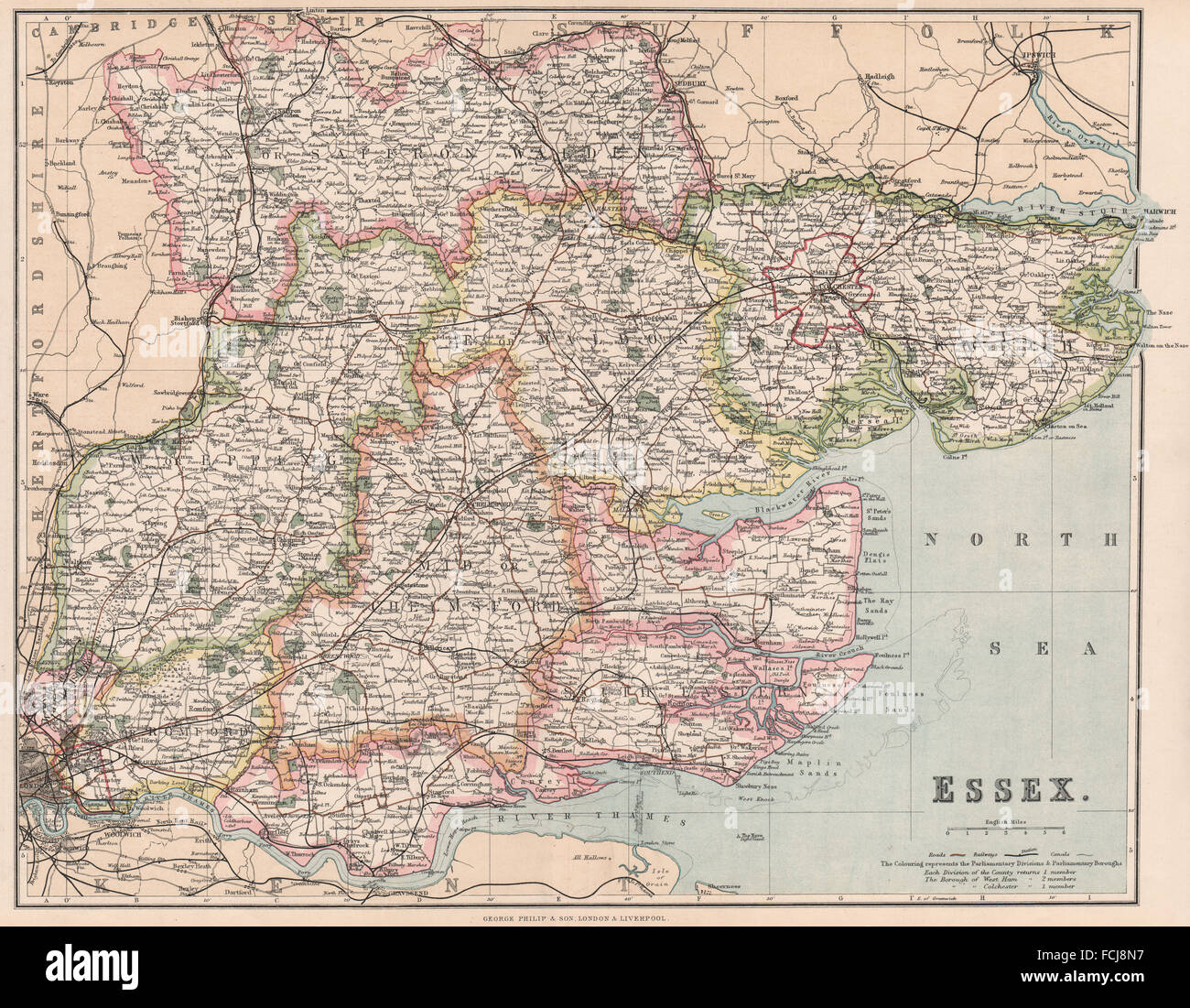 ESSEX: County map mostra divisioni & boroughs parlamentare. PHILIP, 1902 Foto Stock