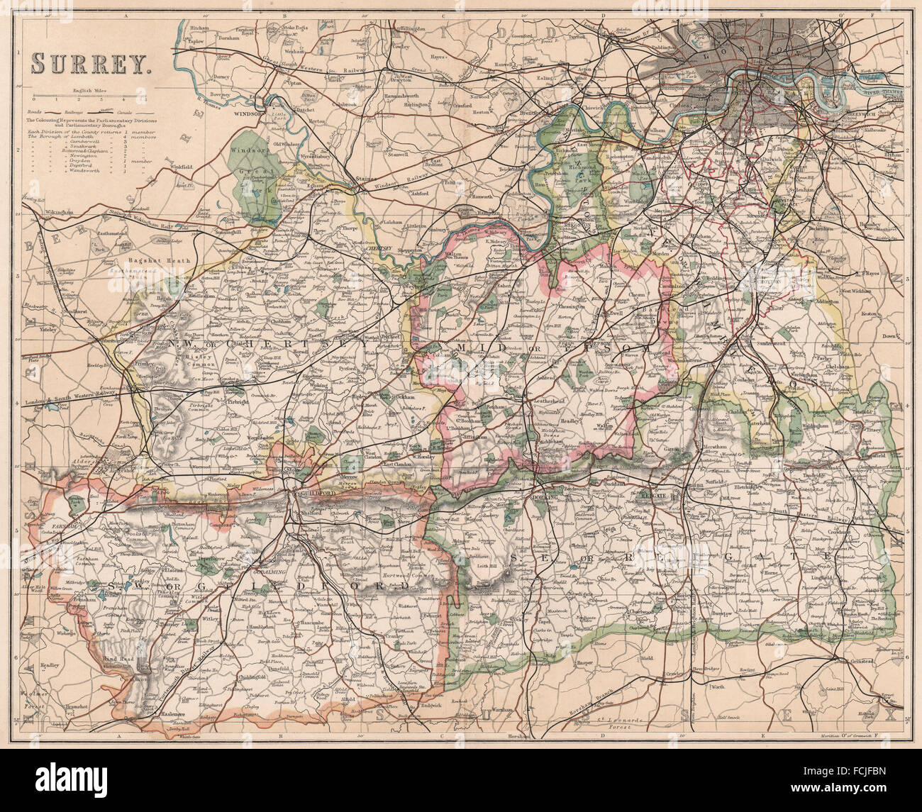 SURREY / Londra sud: County map . Divisioni e circoscrizioni. PHILIP, 1902 Foto Stock