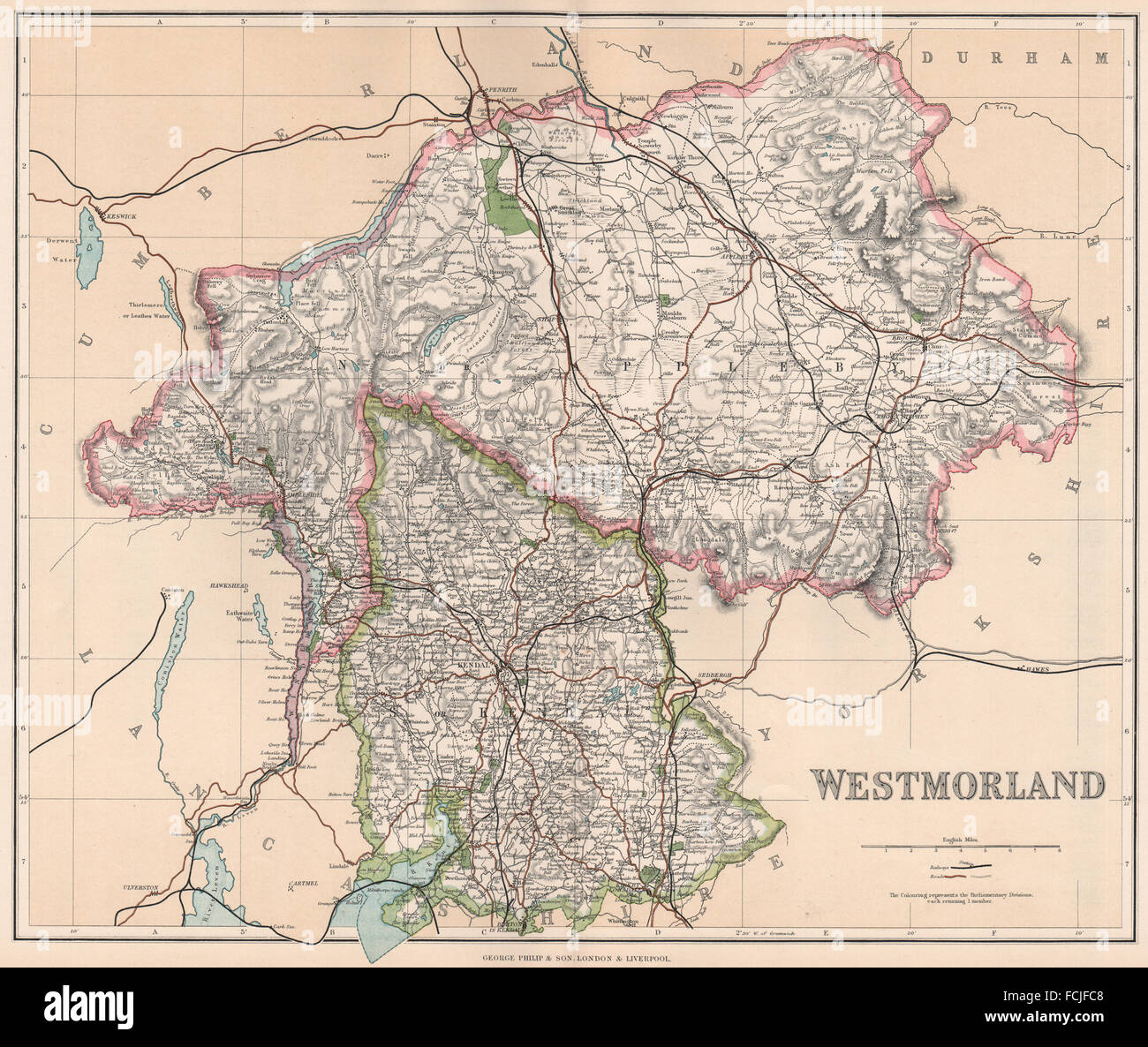 WESTMORELAND: County map. Appleby & Kendal circoscrizioni. PHILIP, 1902 Foto Stock