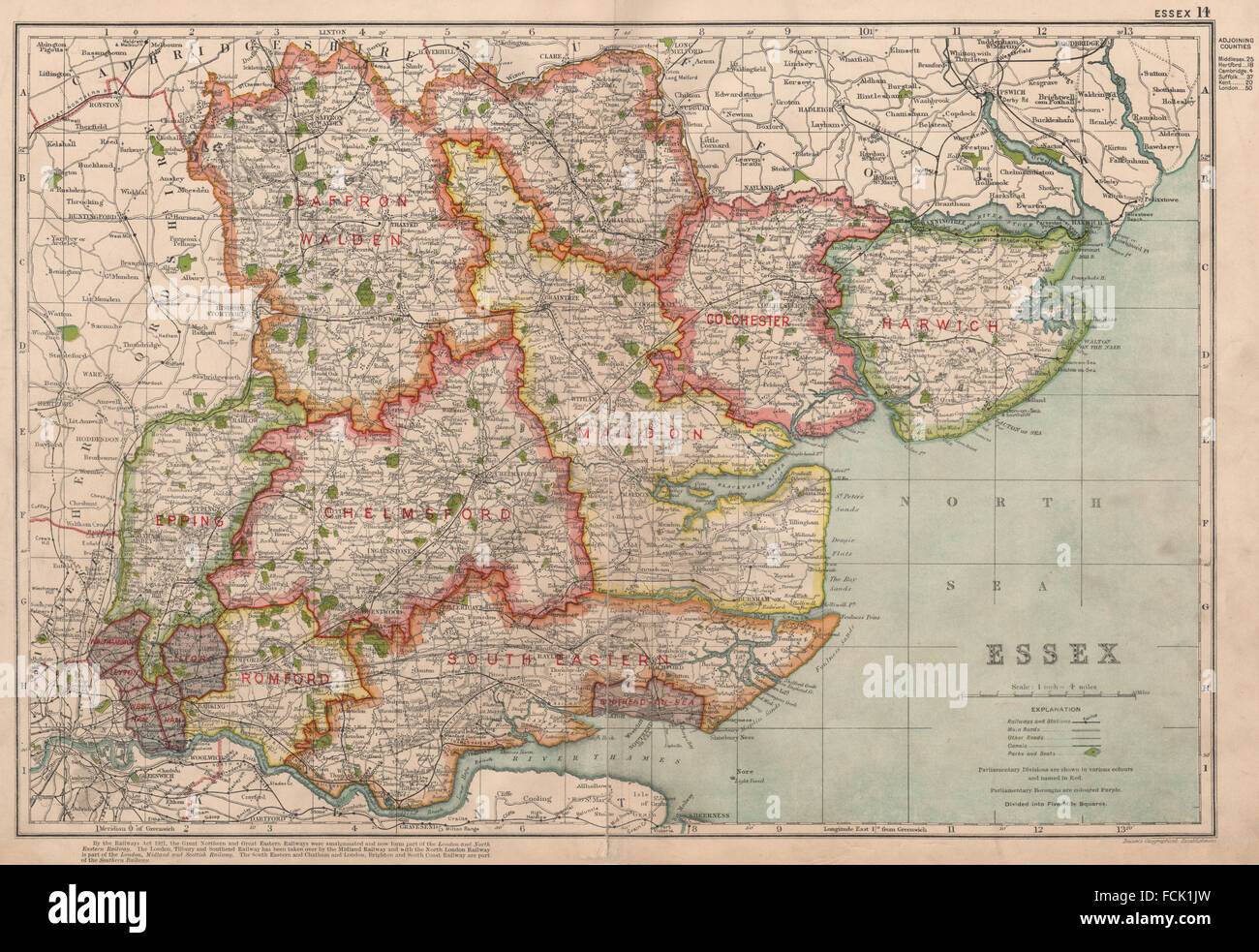 ESSEX: Mostra divisioni parlamentare, boroughs & parchi. BACON, 1936 mappa vecchia Foto Stock