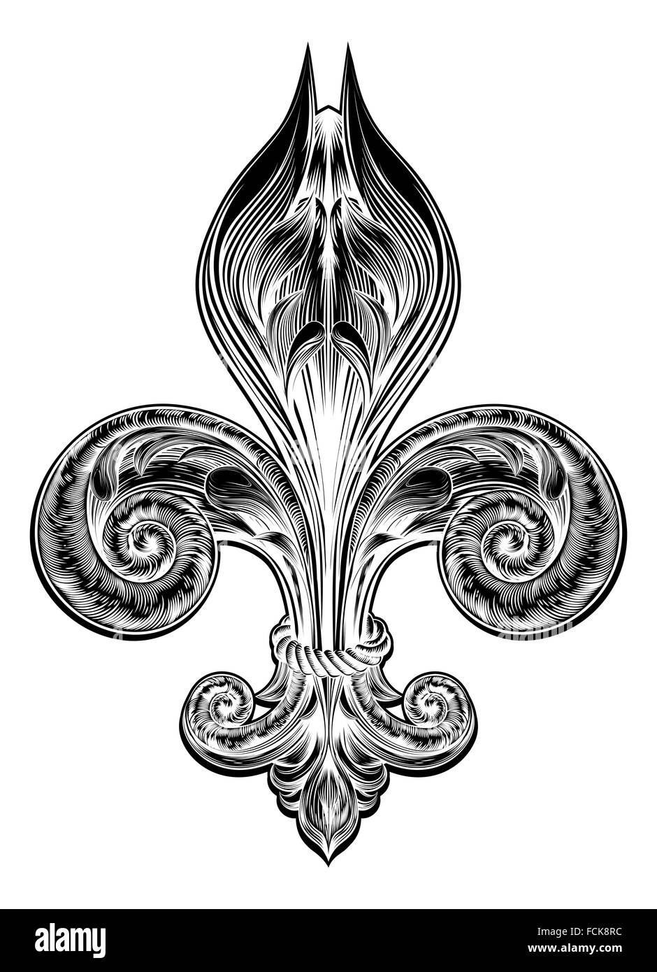 Illustrazione originale di un Fleur de Lis design decorativo o simbolo araldico in un vintage stile woodblock Foto Stock