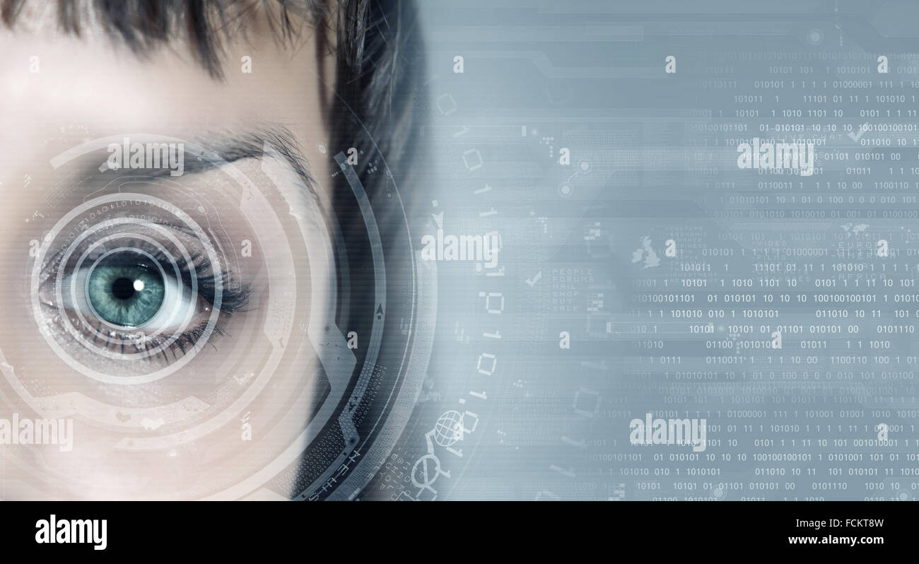 Close up donna occhio con icone digitali Foto Stock