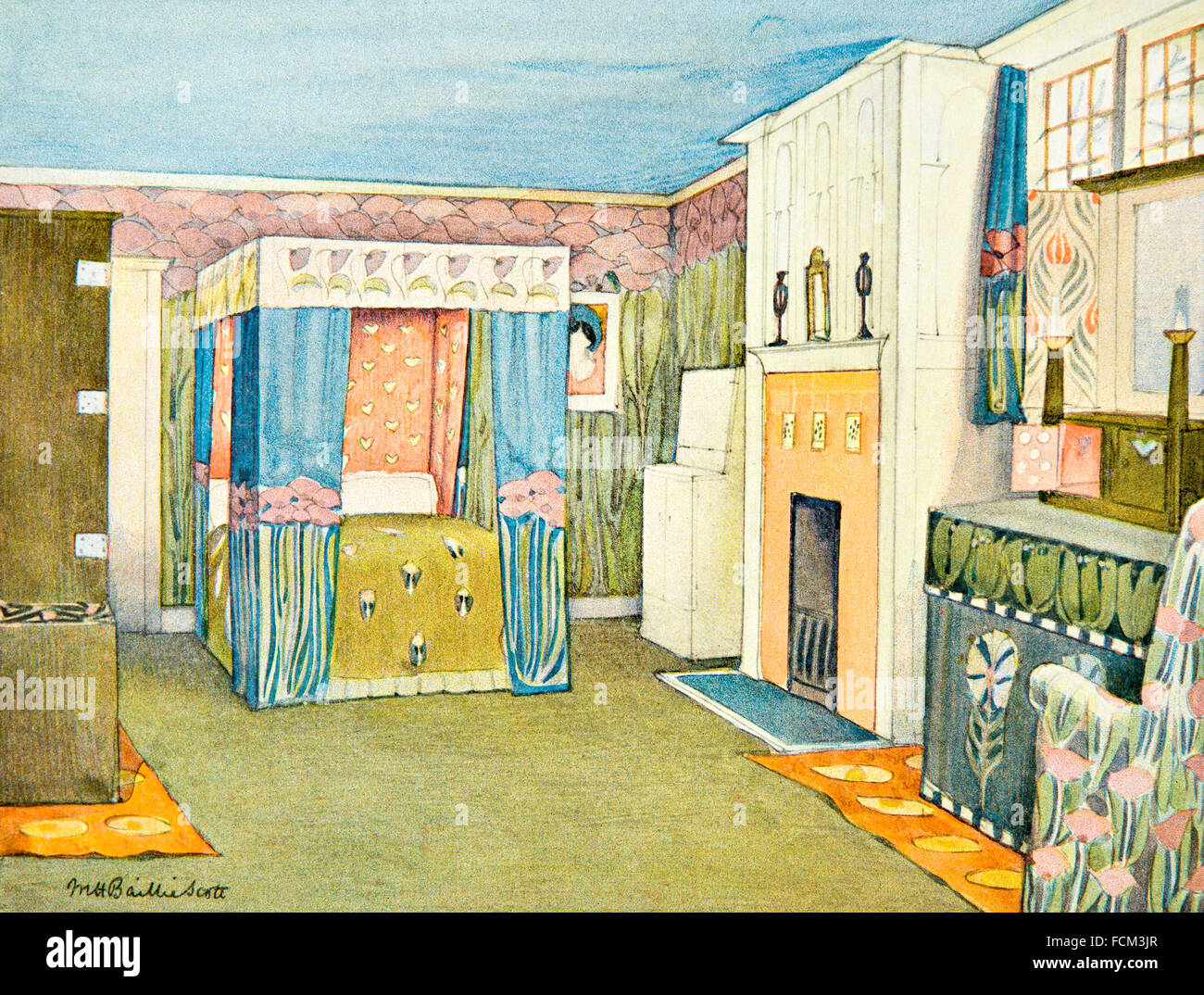 Hugh Baillie Scott Decorazione di una piccola camera da letto, Interni, design, colore metà tono illustrazione dal 1900 Studio Magazine Foto Stock