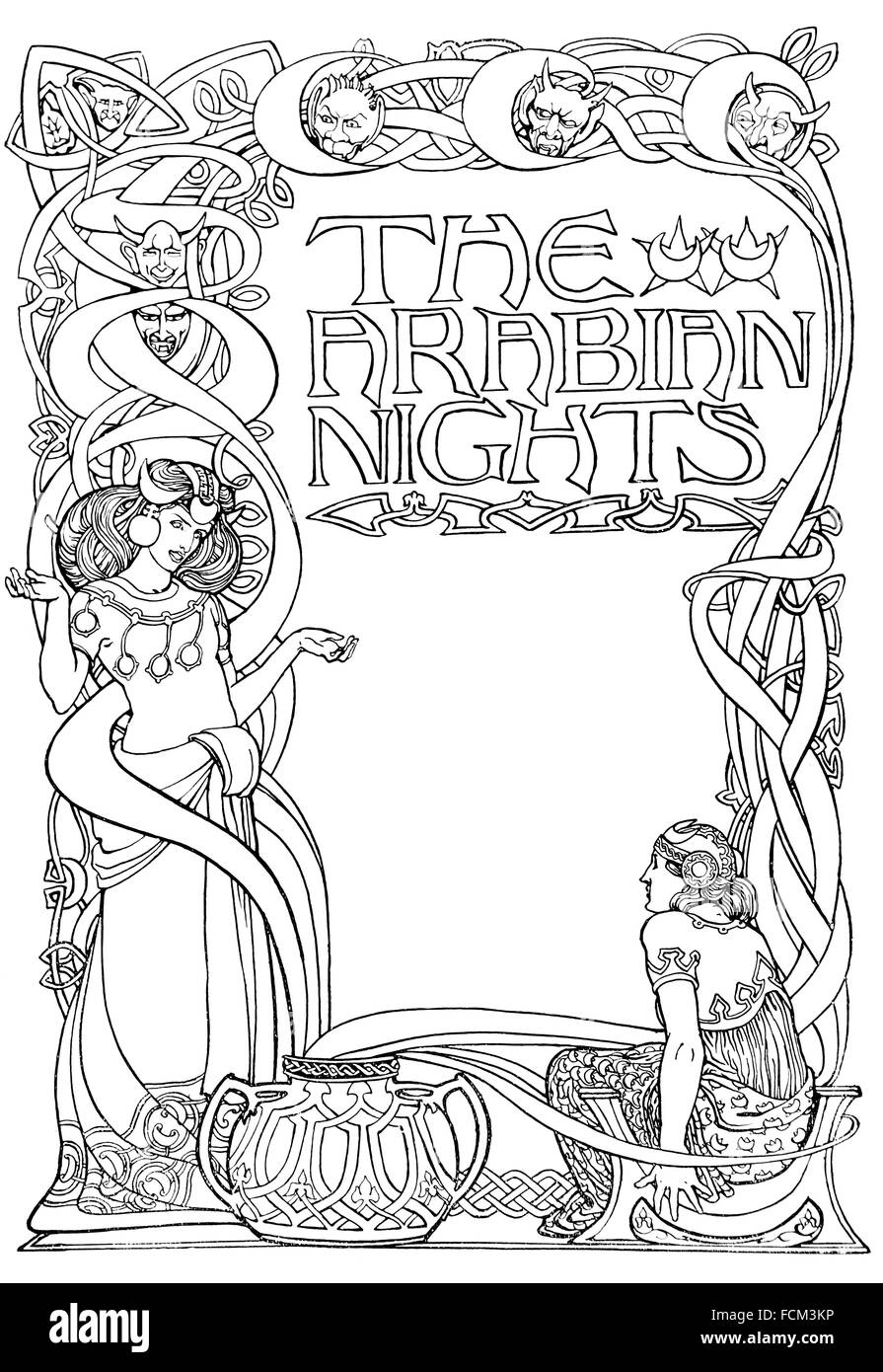 L'Arabian Nights, Design per una pagina del titolo, da Enid U Jackson, di Birmingham, illustrazione di linea dal 1900 Studio Magazine Foto Stock