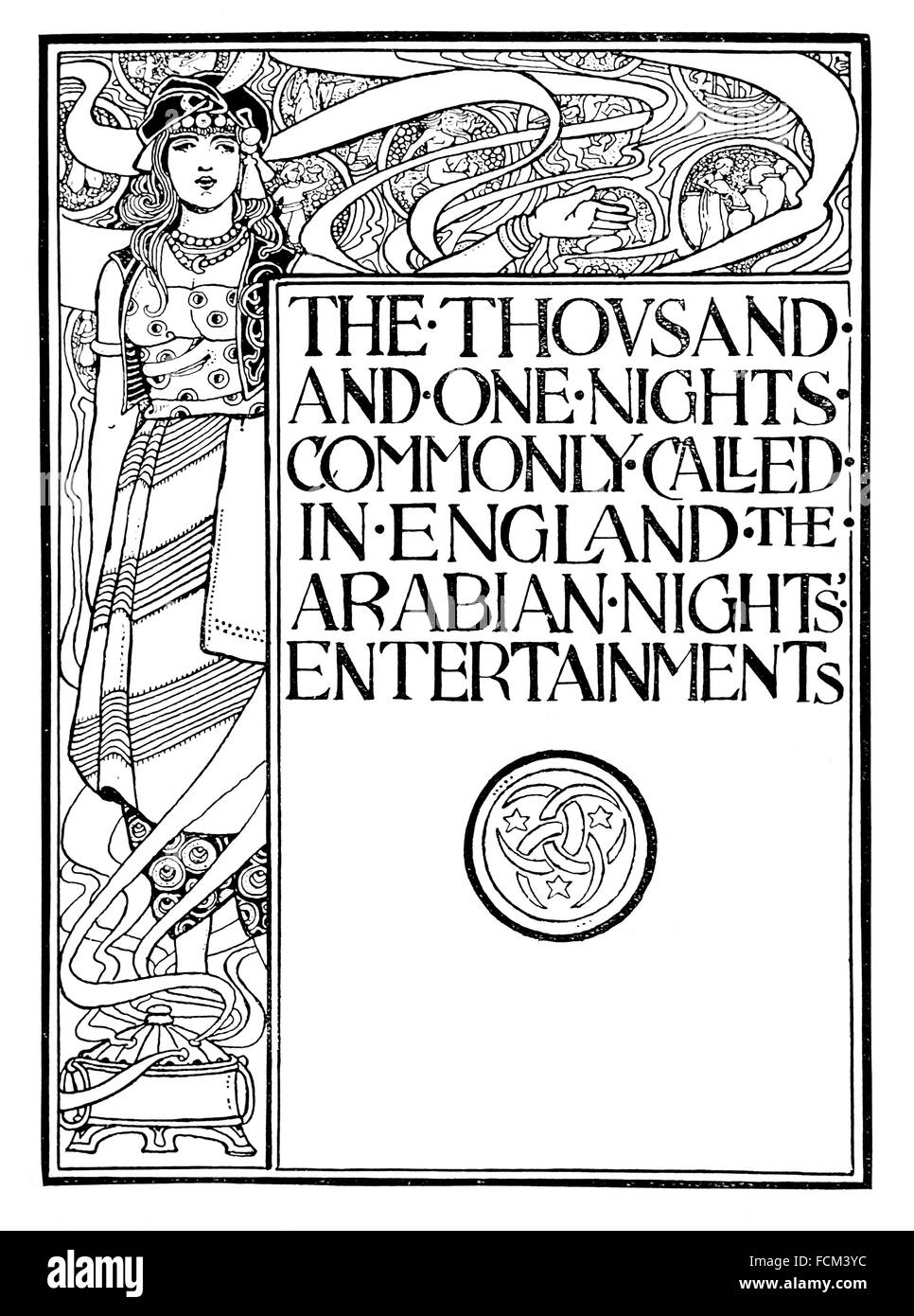 L'Arabian Nights, Design per una pagina del titolo, da Ethel Larcombe, di Exeter, illustrazione di linea dal 1900 Studio Magazine Foto Stock