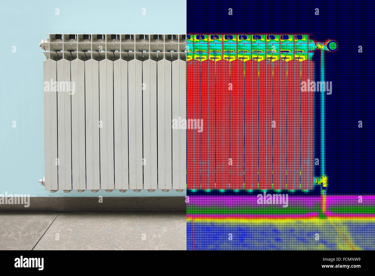 Termica a infrarossi e immagine reale del radiatore del riscaldatore nella casa Foto Stock