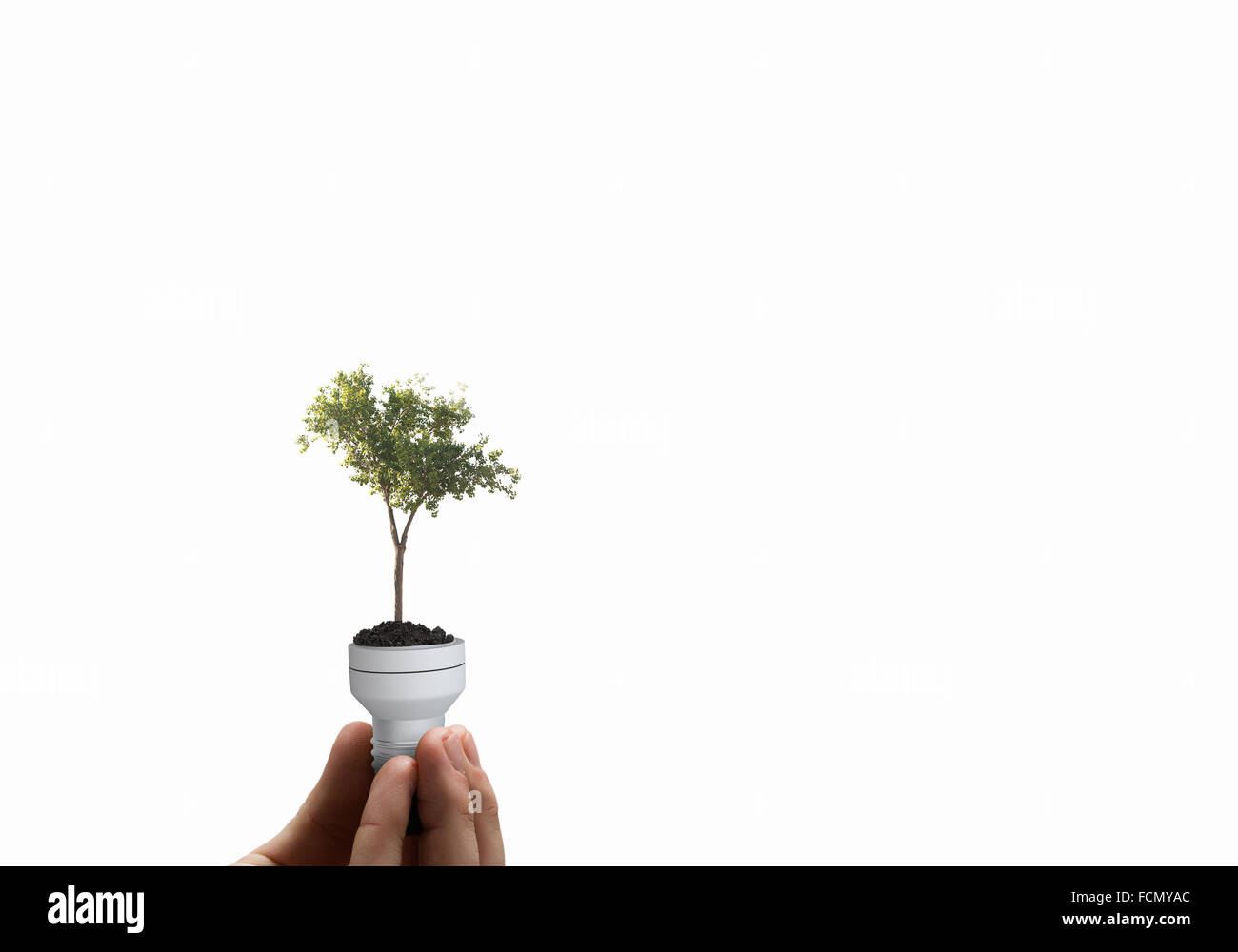 Stretta di mano azienda lampadina con albero interno Foto Stock