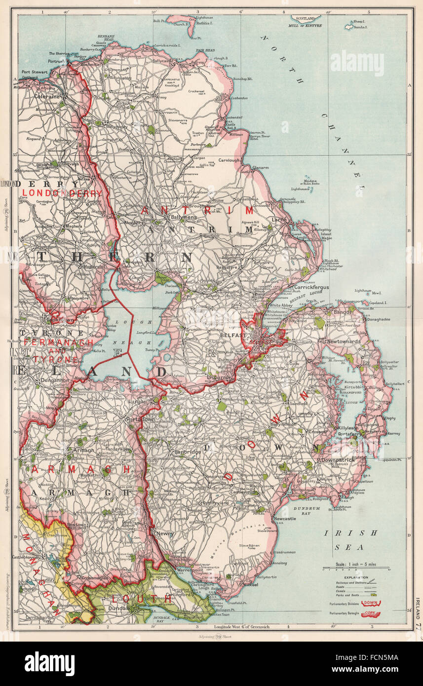 ULSTER:N Irlanda.Antrim Armagh Belfast Londonderry.circoscrizioni.BACON 1936 mappa Foto Stock