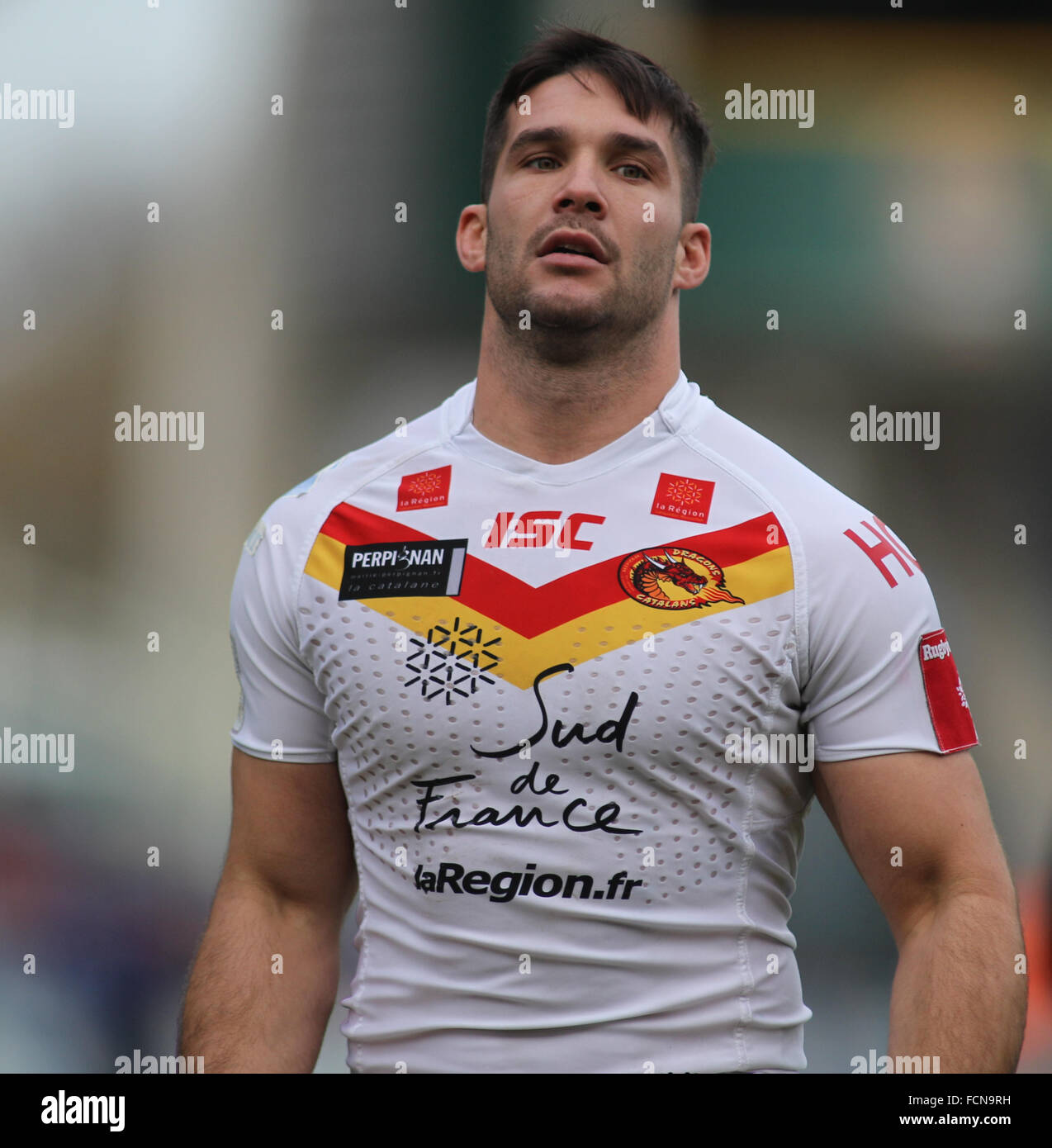 John Smith's Stadium, Huddersfield,UK 23 gennaio 2016. L Huddersfield Giants v Catalan Dragons Super League Pre- Stagione 2016 Friendly. Jason Baitieri del catalano Dragons Credit: stephen Gaunt/Touchlinepics.com/Alamy Live News Foto Stock