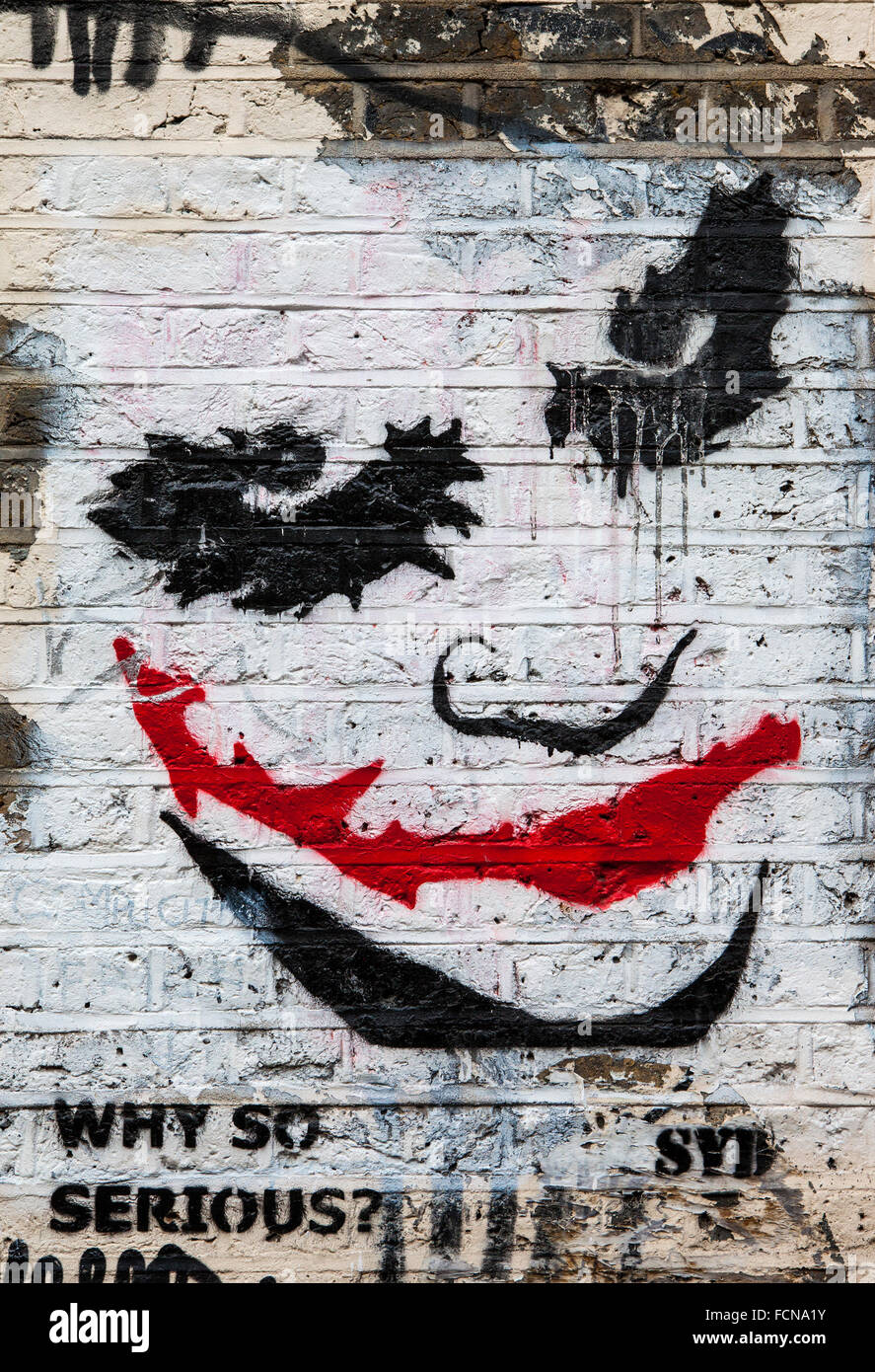LONDON, Regno Unito - 13 GENNAIO 2016: Urban Street Art da Syd raffigurante il burlone dal film di Batman, nella zona est di Londra sul tredicesimo Janua Foto Stock
