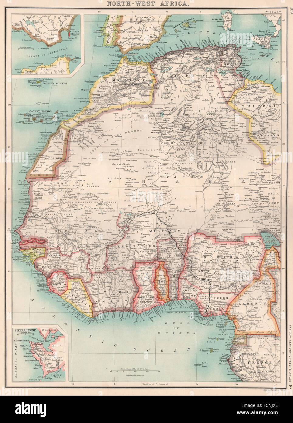 AFRICA OCCIDENTALE Nigeria:Gold Coast(Ghana)Dahomey(Benin)Rio de Oro del Marocco, 1901 Mappa Foto Stock