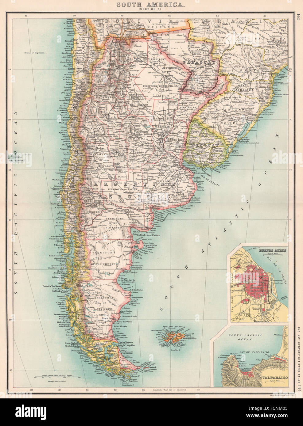 S AMERICA: Argentina Cile Uruguay Paraguay. Buenos Aires; Valparaiso, 1901 Mappa Foto Stock