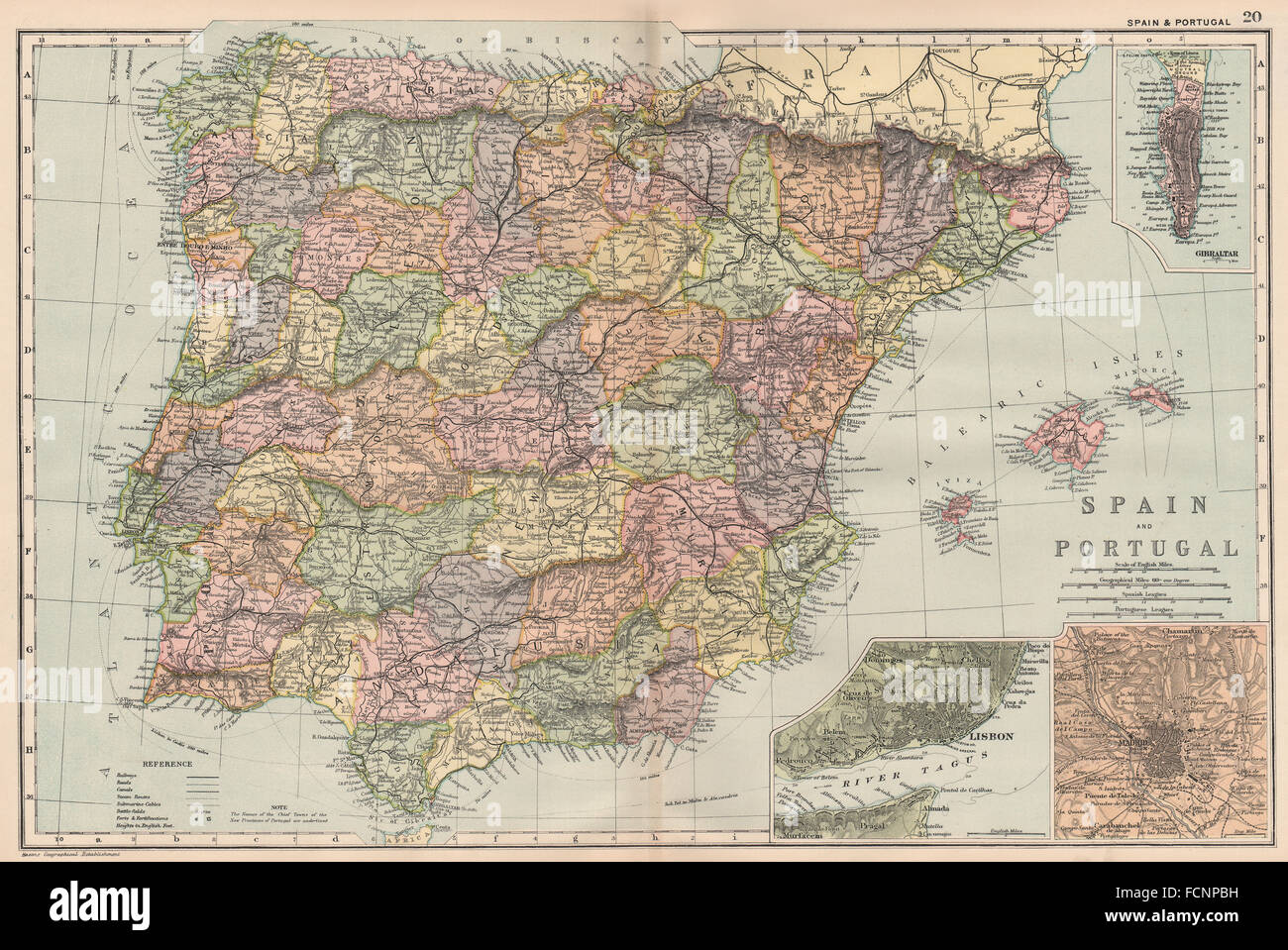 IBERIA: Spagna & Portogallo; inset Gibilterra; Lisbona; Madrid. BACON, 1893 mappa vecchia Foto Stock