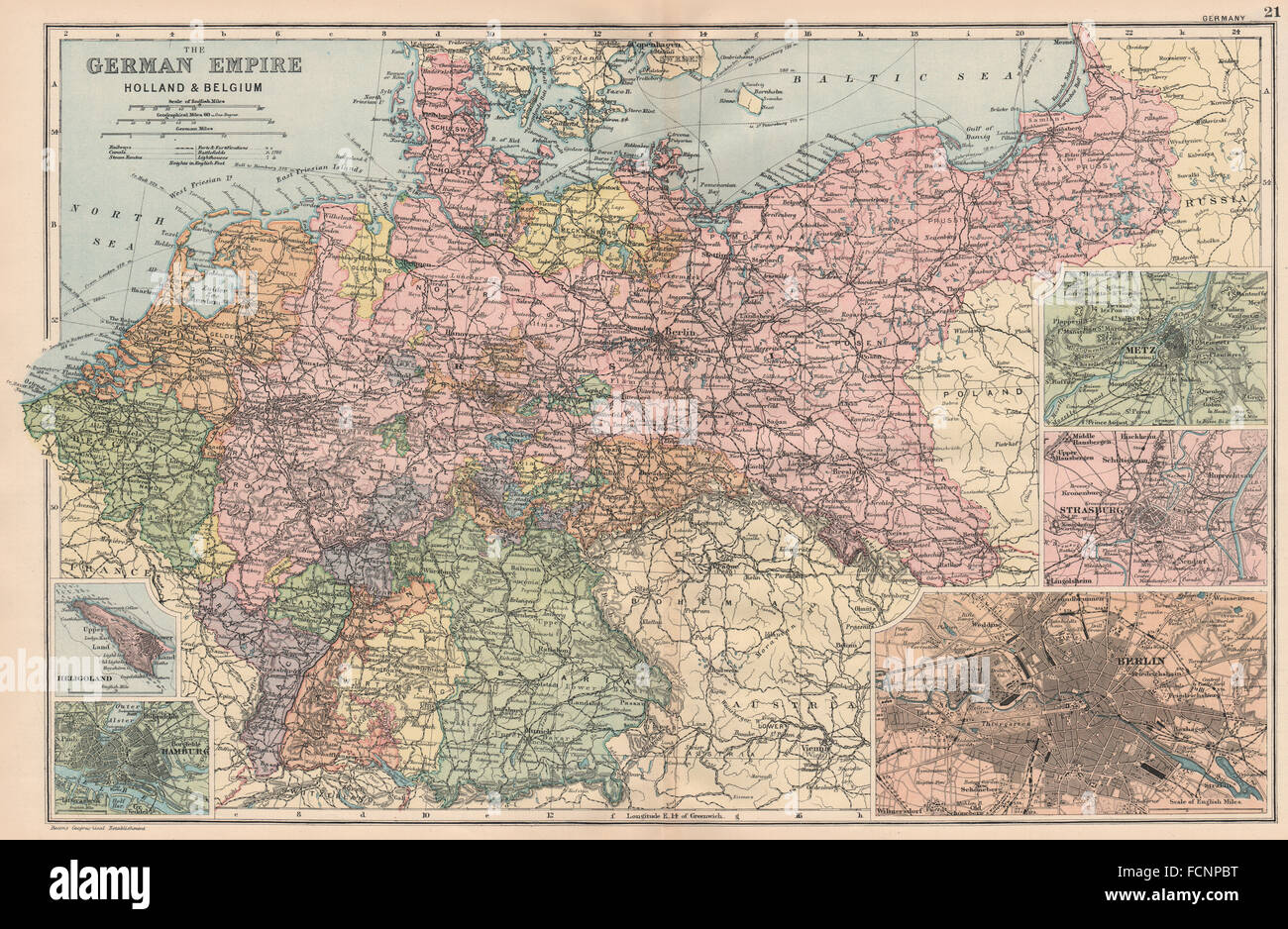 Germania Olanda e Belgio: Berlino Helgoland Hamburg Metz Strasburgo, 1893 Mappa Foto Stock