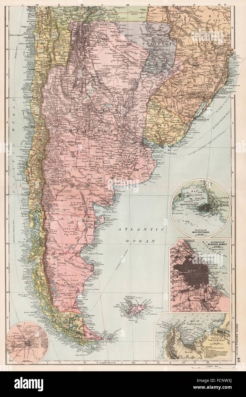 S AMERICA: Chile Argentina Montevideo Buenos Aires Valparaiso Santiago, 1893 Mappa Foto Stock