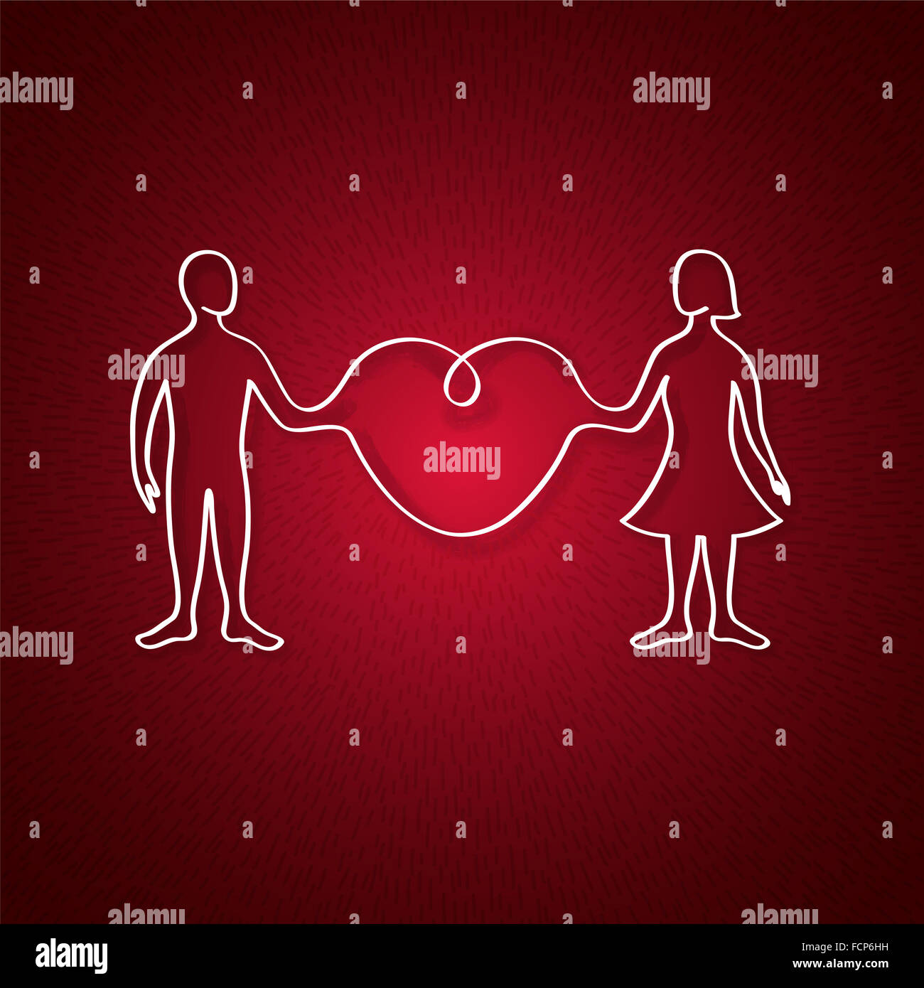 L uomo e la donna legata organicamente attraverso un grande cuore in un raggio di luce Foto Stock