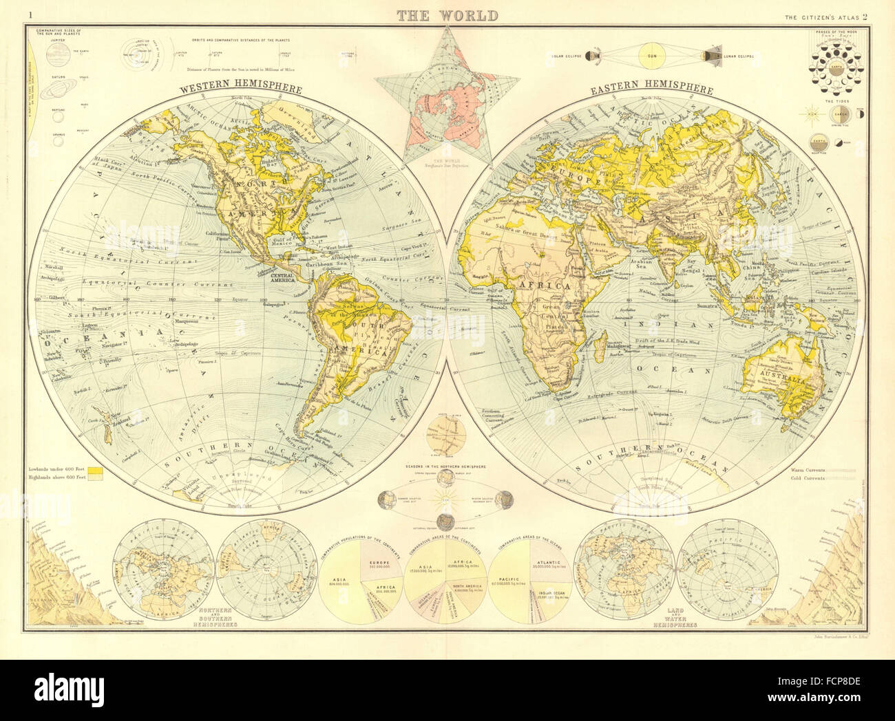 Mondo in emisferi: stagioni aree delle popolazioni dei pianeti. Bartolomeo, 1898 Mappa Foto Stock