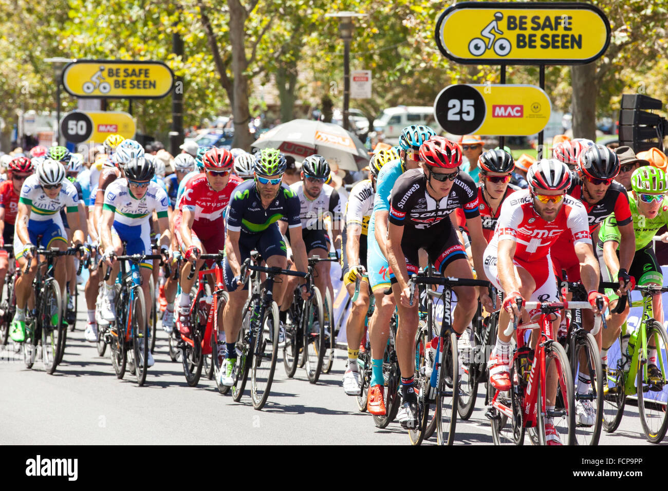 Piloti in lizza nella fase 6 del 2016 Tour Down Under in Adelaide. Foto Stock
