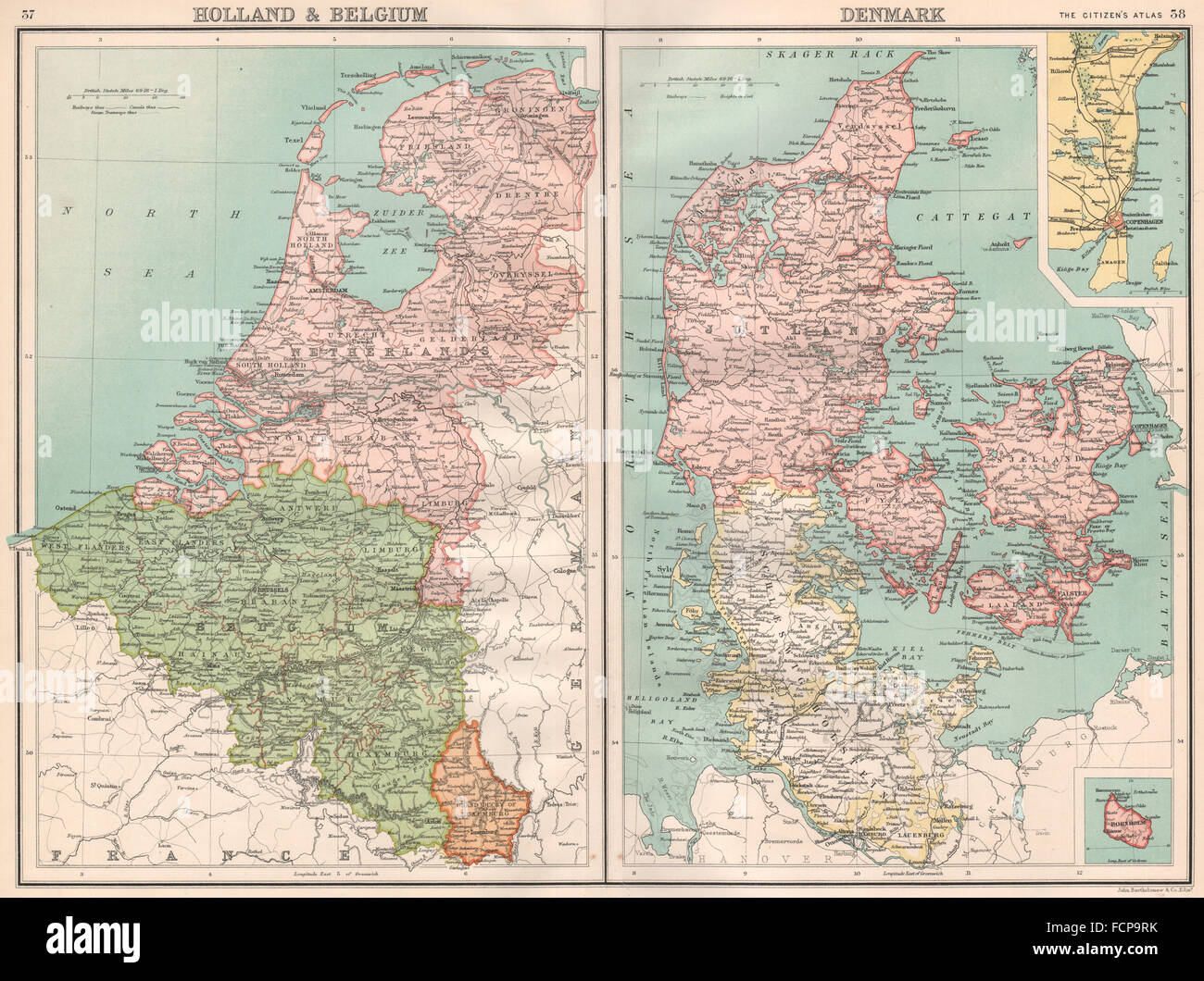 Il Benelux e la Danimarca: Olanda Belgio Lussemburgo. Copenhagen. Bartolomeo, 1898 Mappa Foto Stock