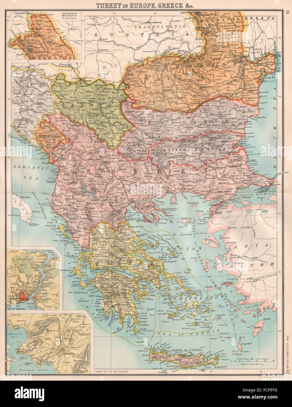 Balcani: la Turchia in Europa e in Grecia. Valacchia Roumelia Orientale, 1898 mappa vecchia Foto Stock