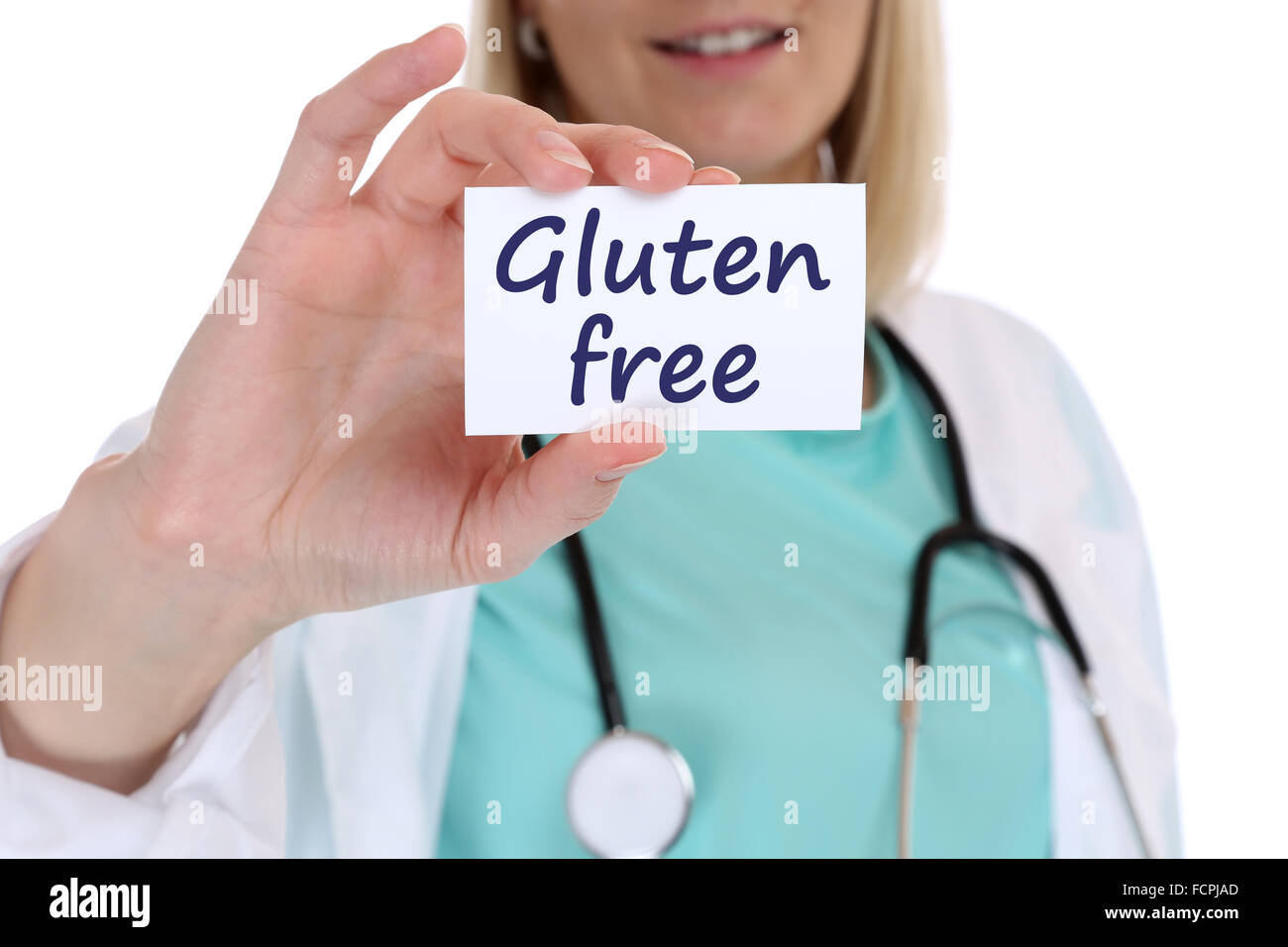 Prodotti senza glutine pasto allergy mangiare sano medico sanitaria infermiere con segno Foto Stock