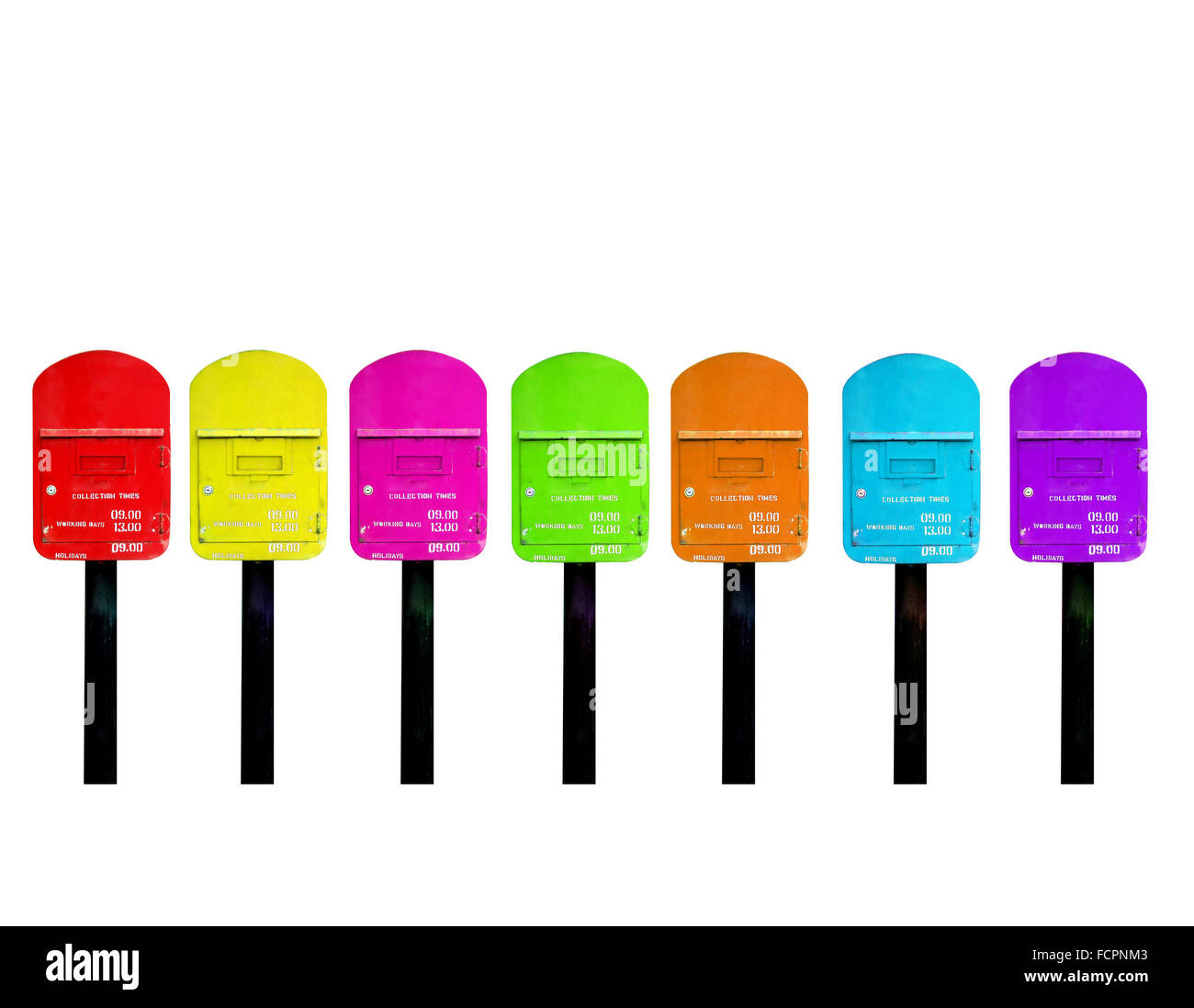 7 colori di postbox per una settimana Foto Stock