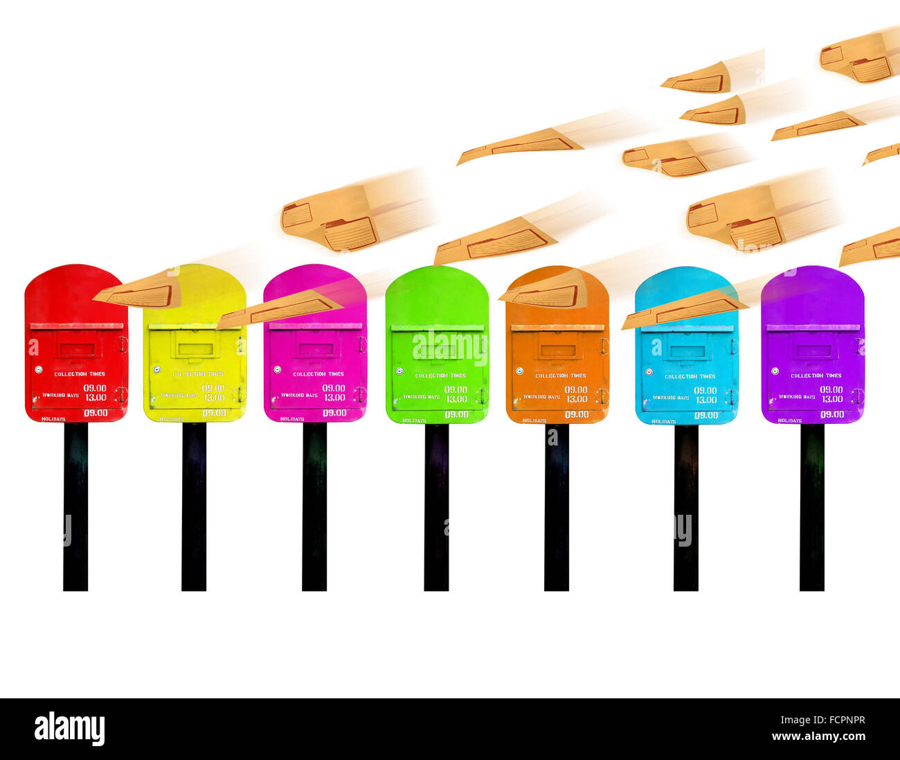 7 colori di postbox per una settimana e busta marrone Foto Stock