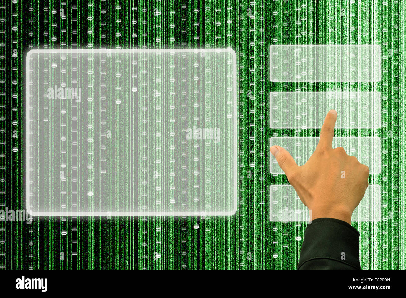 Mano che spinge un pulsante sul touch screen con interfaccia digitale sullo sfondo di matrice Foto Stock