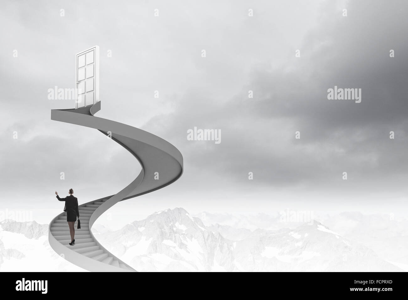 Imprenditrice a piedi fino alla scalinata porta in cielo Foto Stock