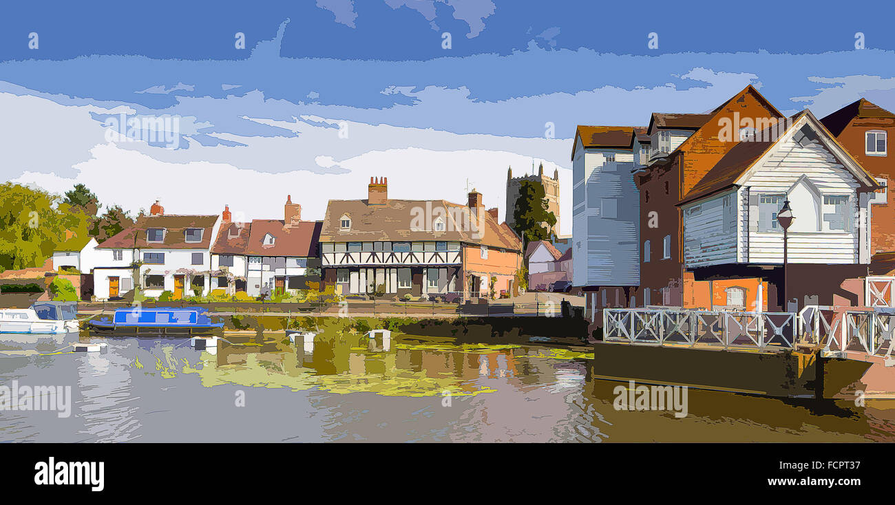 Un poster in stile illustrazione da una fotografia di Abbey mulino ad acqua sul mulino Avon, Tewkesbury, England, Regno Unito Foto Stock