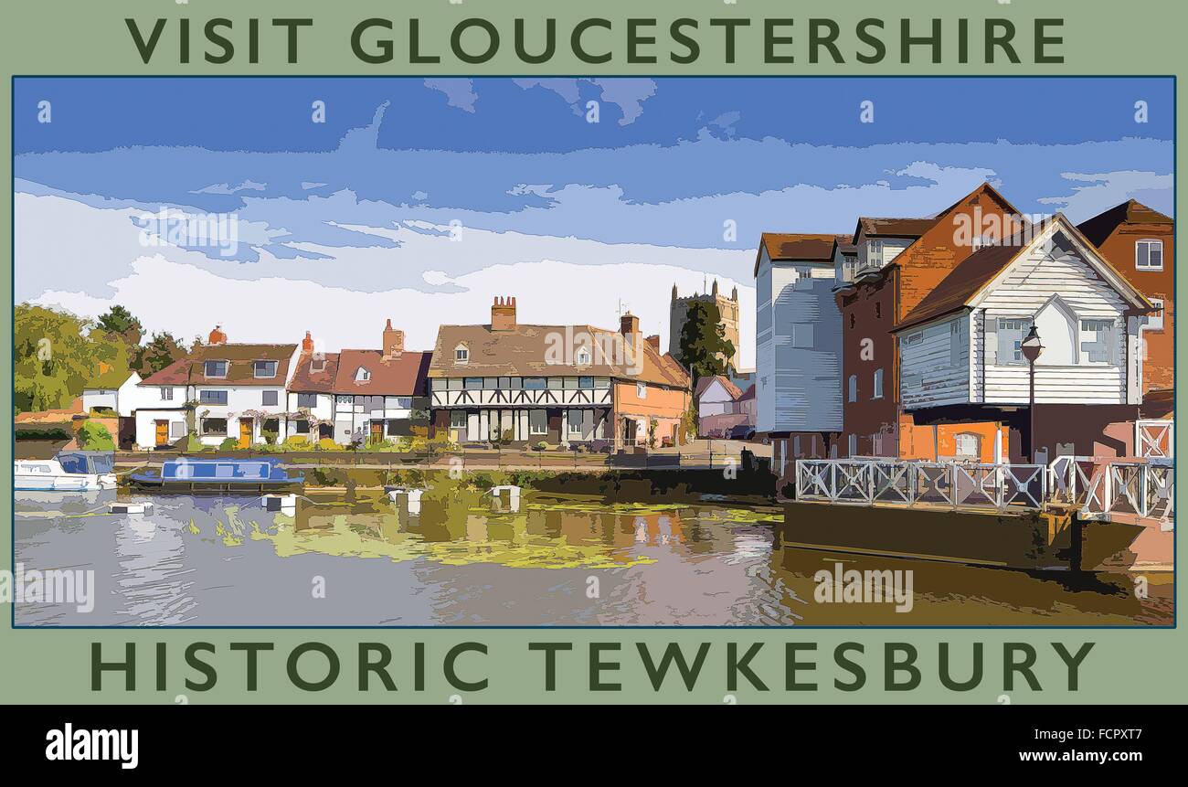 Un poster in stile illustrazione da una fotografia di Abbey mulino ad acqua sul mulino Avon, Tewkesbury, England, Regno Unito Foto Stock