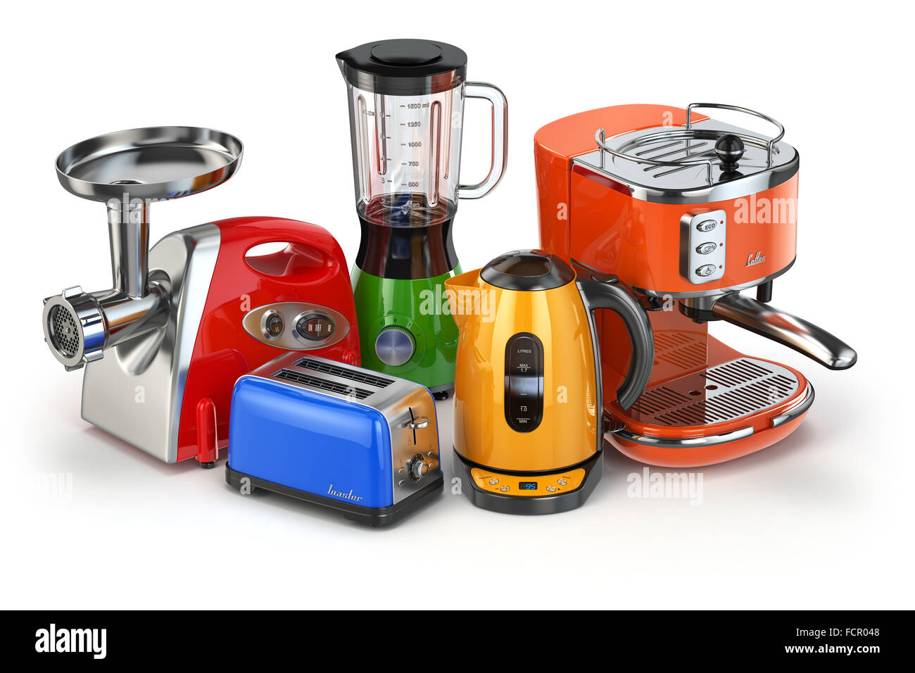 Elettrodomestici per la cucina. Frullatore, tostapane, macchina per il caffè, carne ginder e bollitore isolato su bianco. 3d Foto Stock