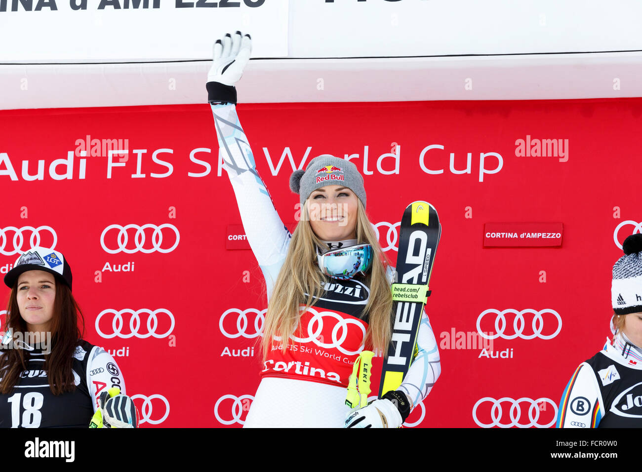 Cortina d'Ampezzo, Italia 24 gennaio 2016. VONN Lindsey (Usa) prende il primo posto durante la Audi FIS Coppa del Mondo di Sci Alpino SuperG Foto Stock
