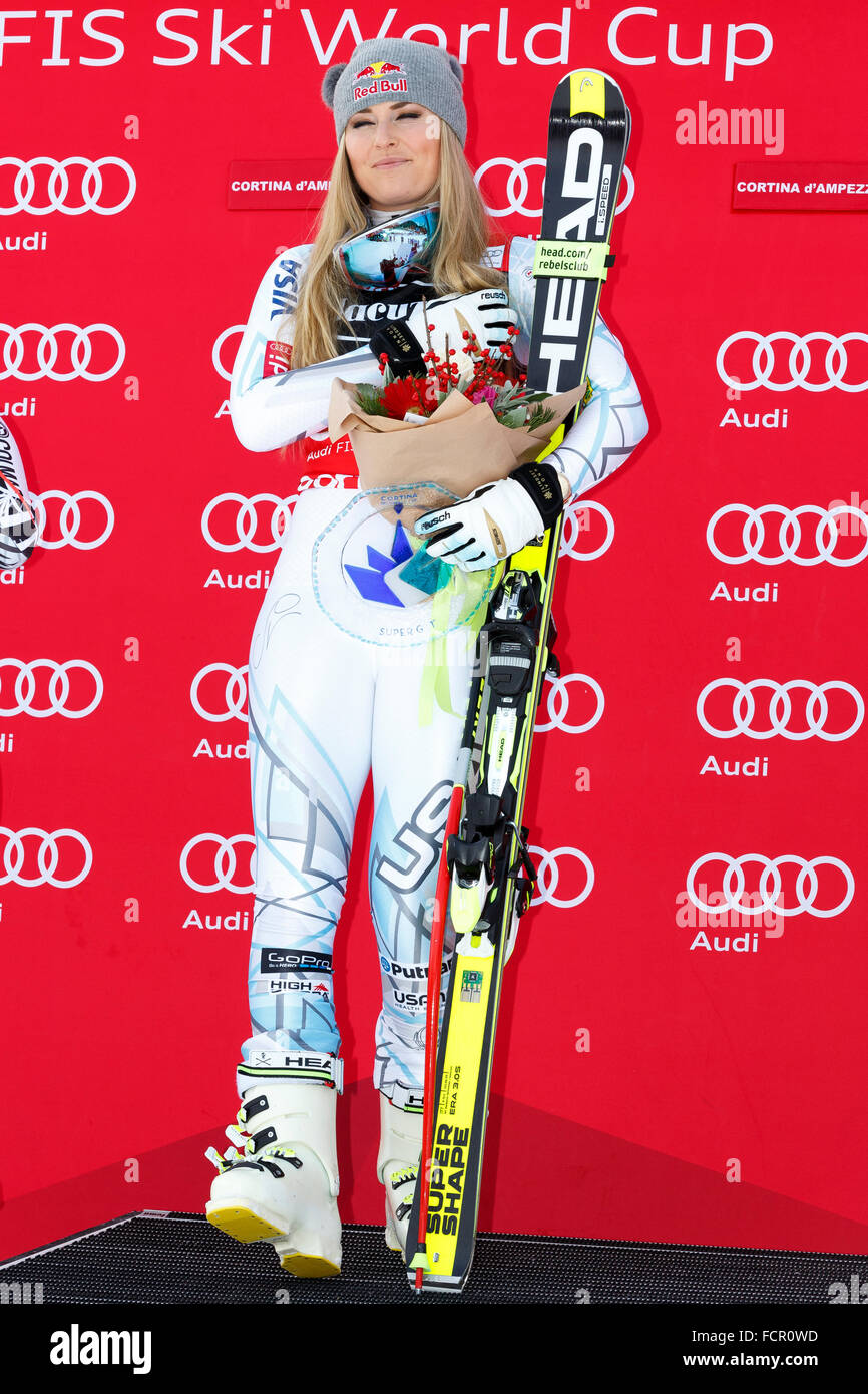Cortina d'Ampezzo, Italia 24 gennaio 2016. VONN Lindsey (Usa) prende il primo posto durante la Audi FIS Coppa del Mondo di Sci Alpino SuperG Foto Stock