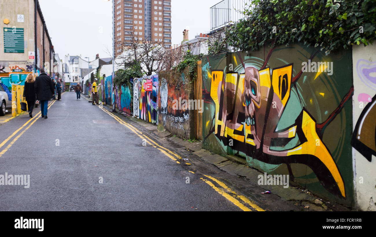 Brighton Regno Unito 24 Gennaio 2016 - artisti di graffiti sul lavoro lungo Trafalgar Lane nel North Laine area di Brighton che è diventato una popolare area di disegno per le loro opere d'arte Credito: Simon Dack/Alamy Live News Foto Stock