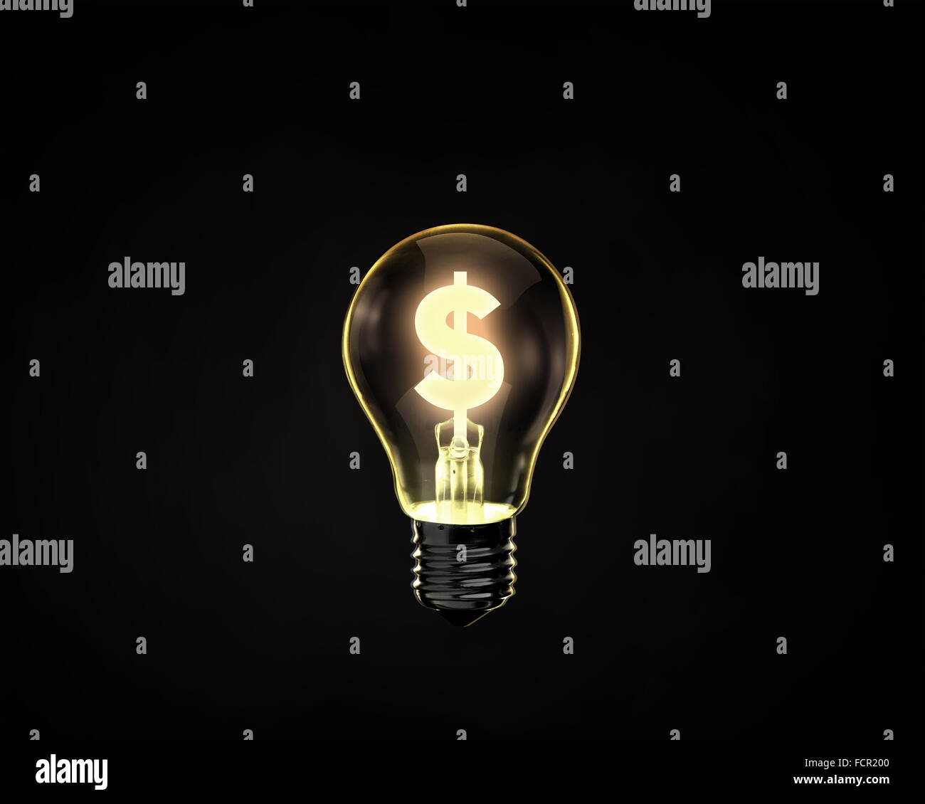 Lampadina della luce con il simbolo del dollaro all'interno su sfondo scuro Foto Stock