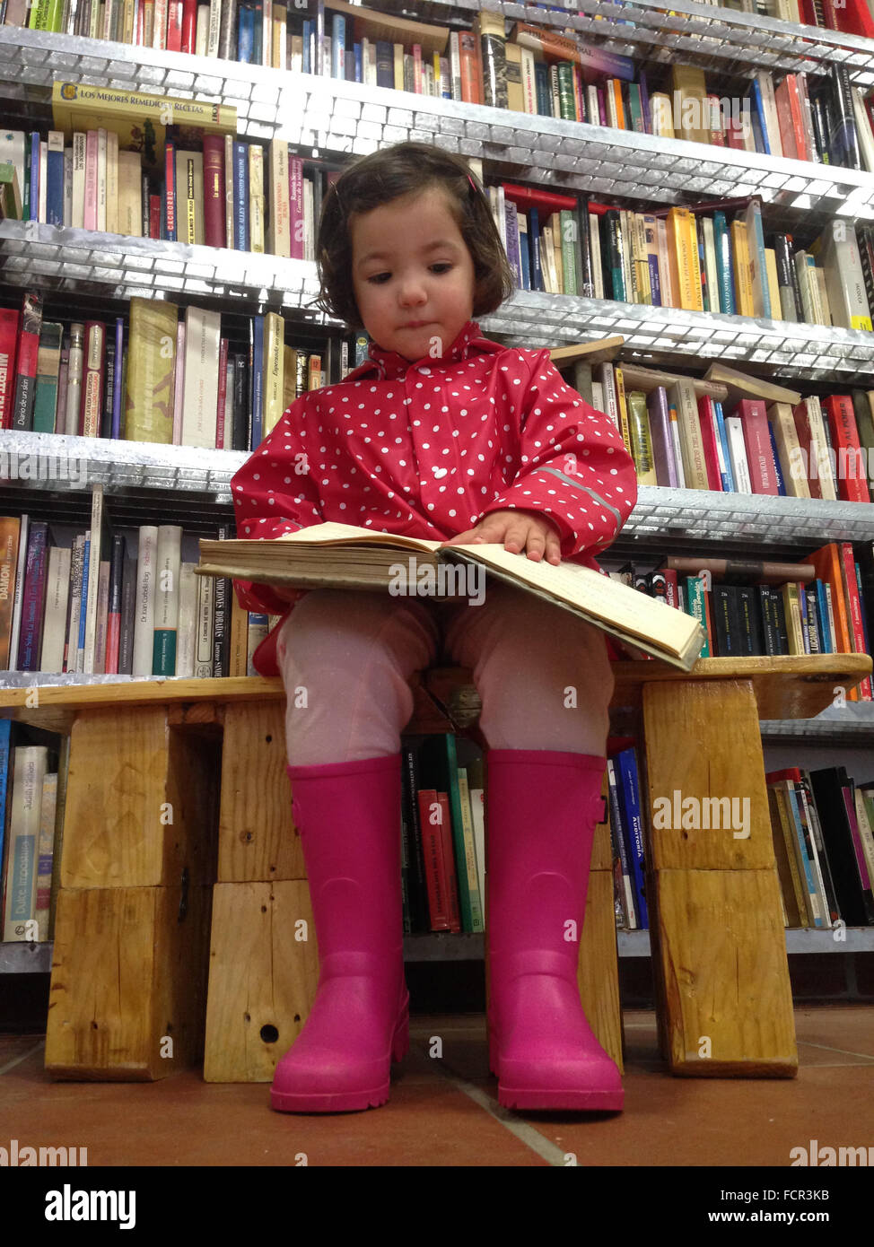 Graziosa bambina vestito con un impermeabile e stivali la seduta e la lettura di un libro di spessore al bookshop Foto Stock
