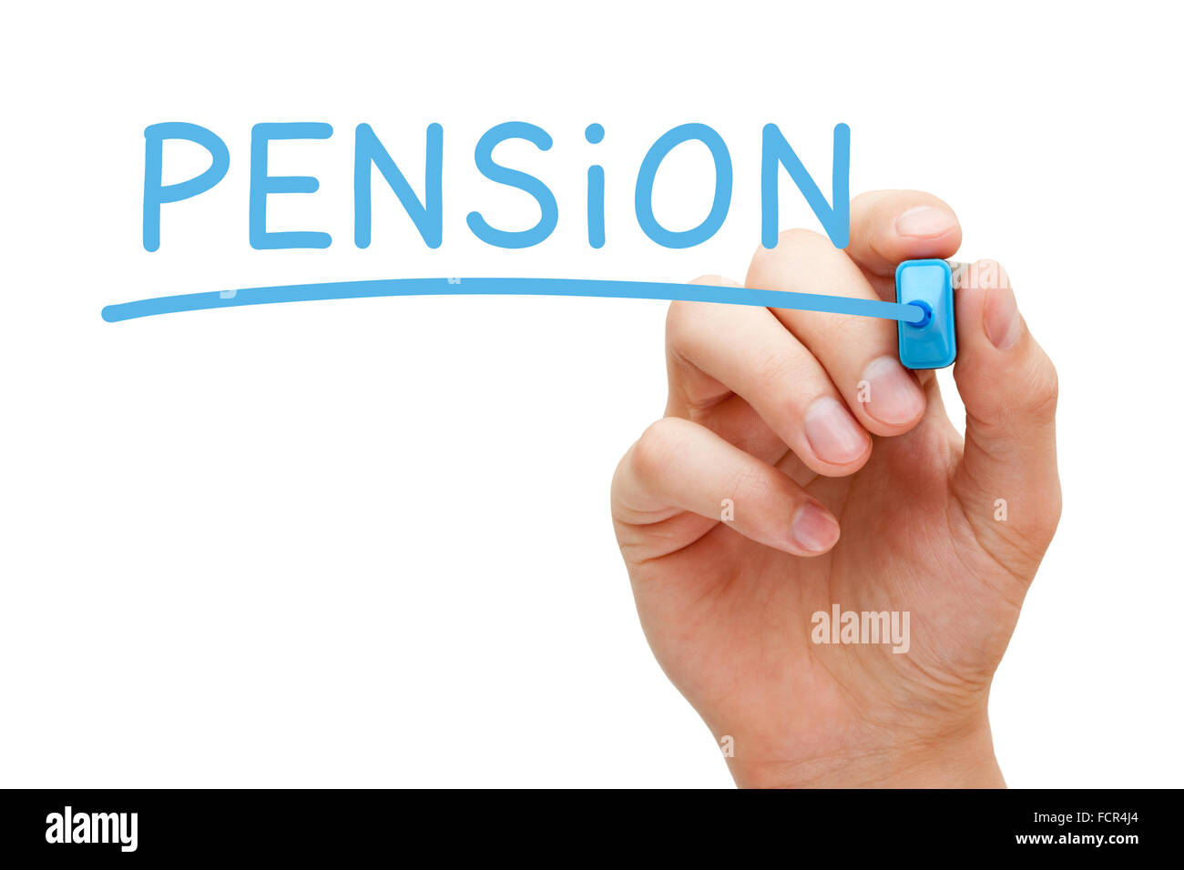 La scrittura a mano pensione con marcatore blu su trasparente scheda di pulizia. Concetto di pensionamento. Foto Stock