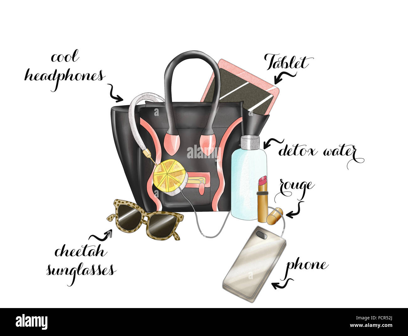 Acquerello disegnato a mano ILLUSTRAZIONE DI MODA - moda nero borsa con vari elementi Foto Stock