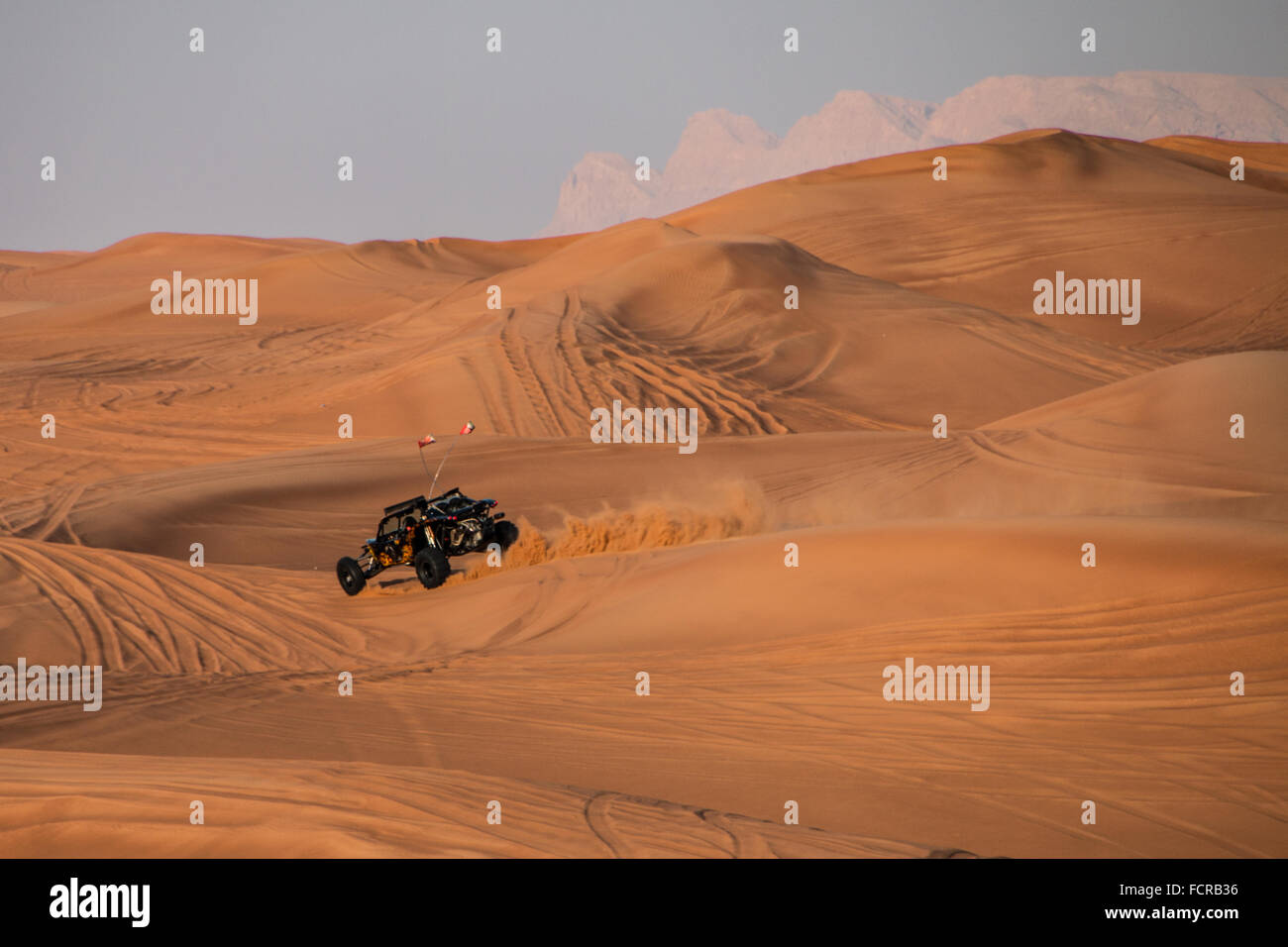 Alzare il deserto di sabbia su un brivido della corsa in un buggy negli EMIRATI ARABI UNITI Foto Stock
