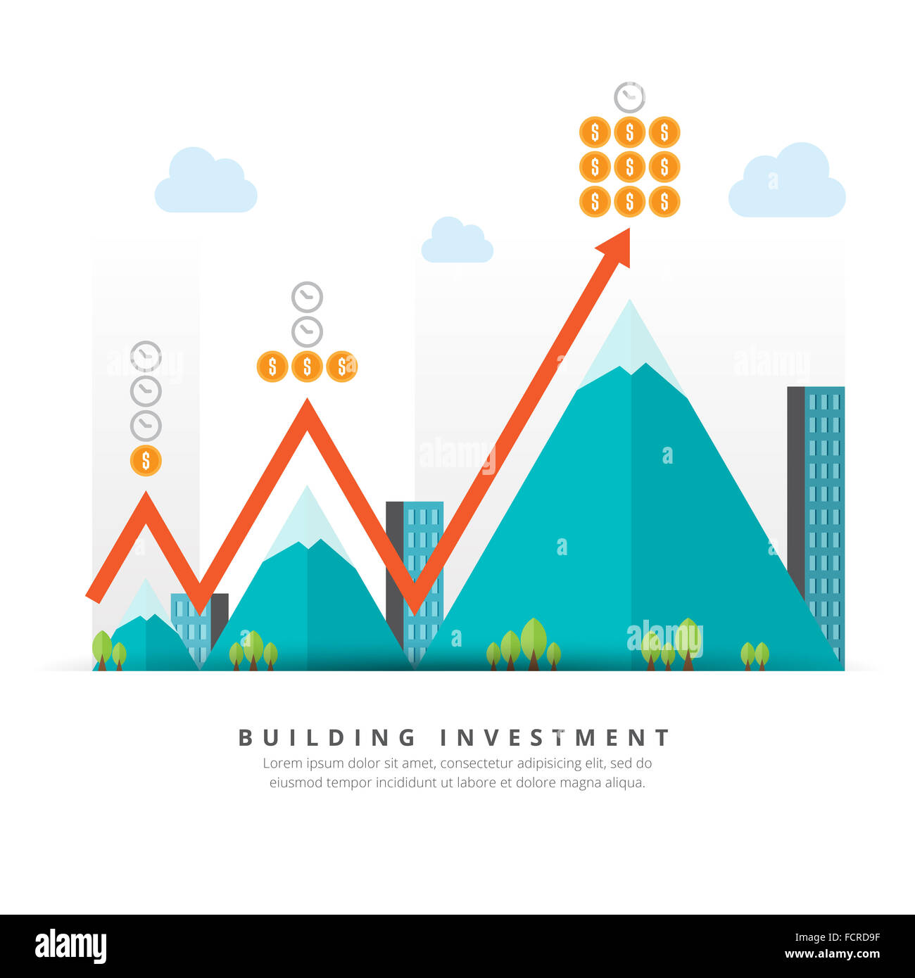 Vettore illustrazione piana della costruzione di concetto di investimento gli elementi di design. Foto Stock