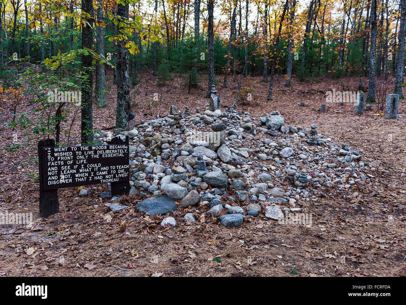 Visitatore pila di rocce e cairns omaggio sul sito di Thoreau's cabin a Walden Pond, Concord, Massachusetts, STATI UNITI D'AMERICA Foto Stock