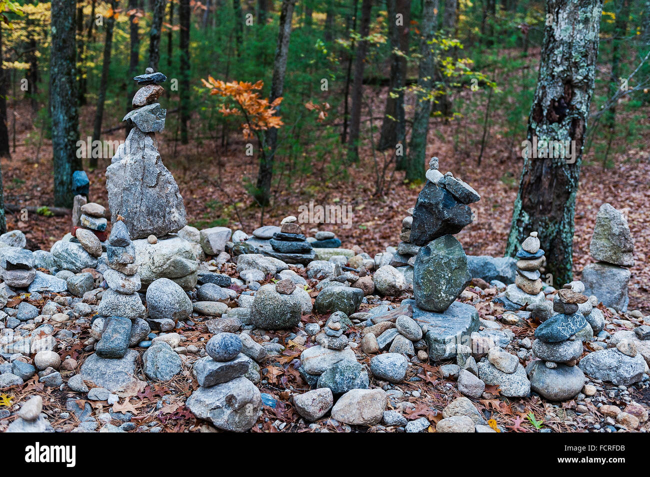 Visitatore pila di rocce e cairns omaggio sul sito di Thoreau's cabin a Walden Pond, Concord, Massachusetts, STATI UNITI D'AMERICA Foto Stock