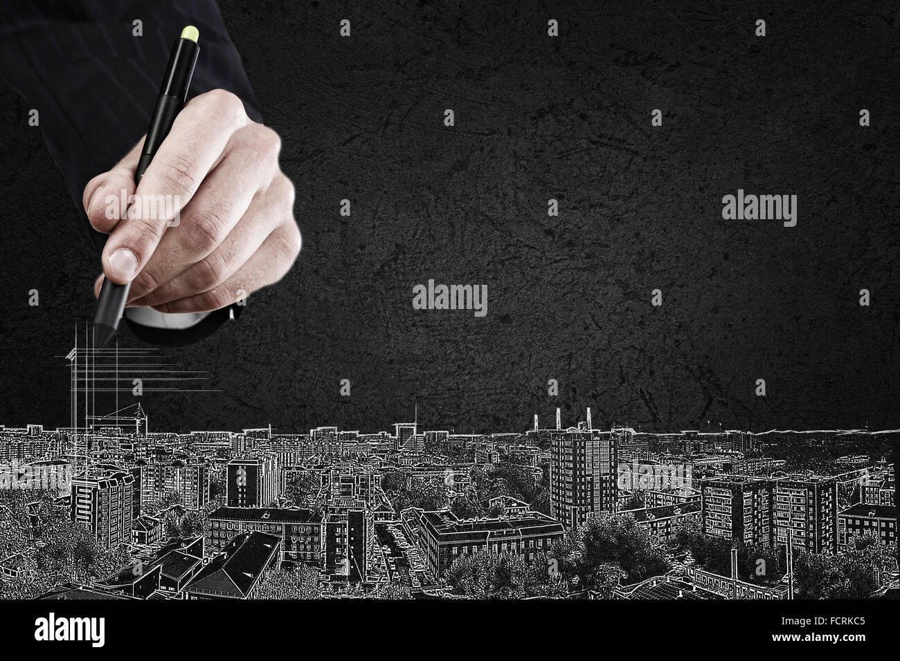 Chiusura del disegno a mano di edifici urbani con marcatore Foto Stock