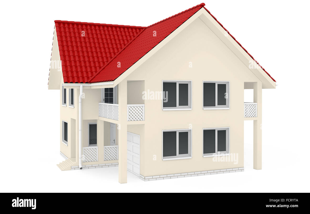 Cottage con il tetto rosso, balcone e garage a fondo Foto Stock