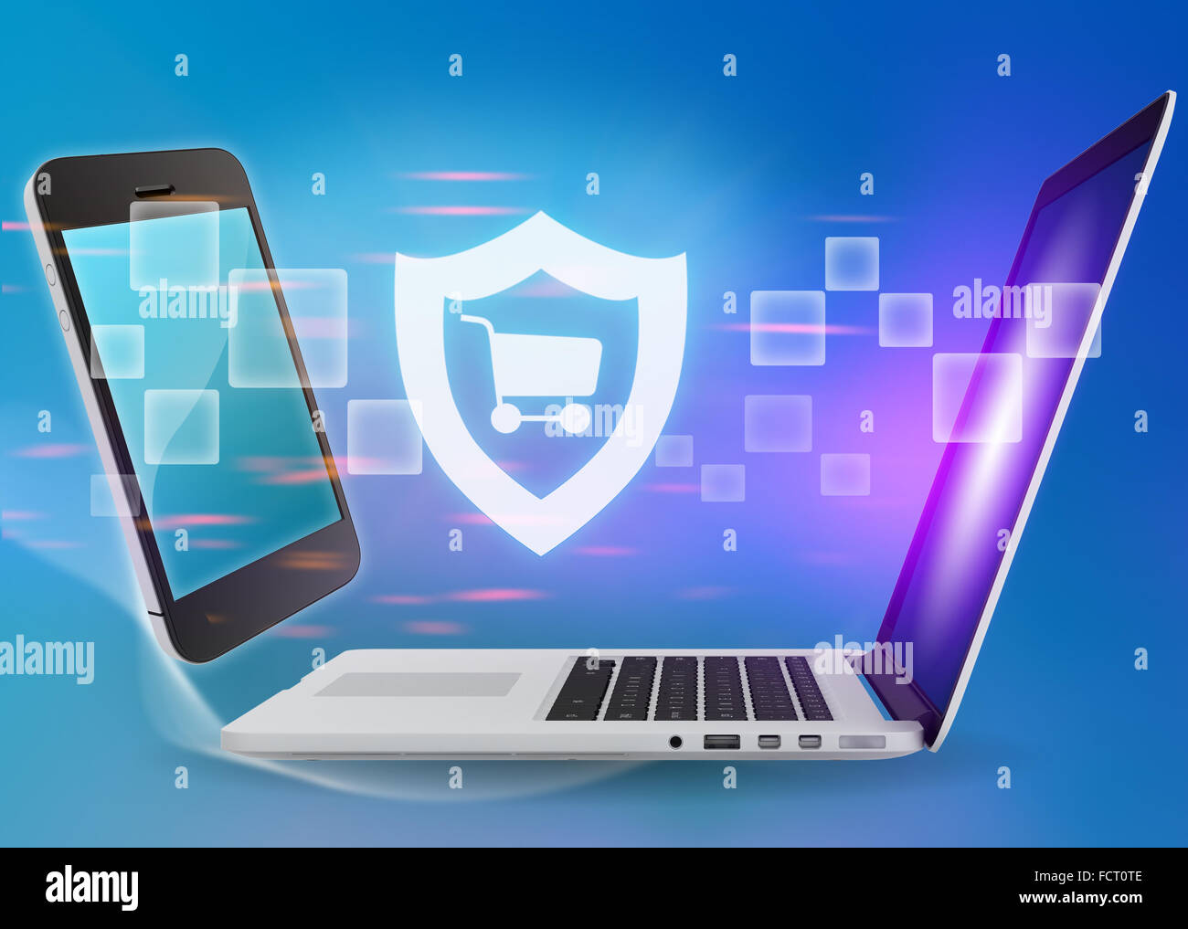 Portatile e telefono con schermo icona carrello su uno sfondo blu Foto Stock