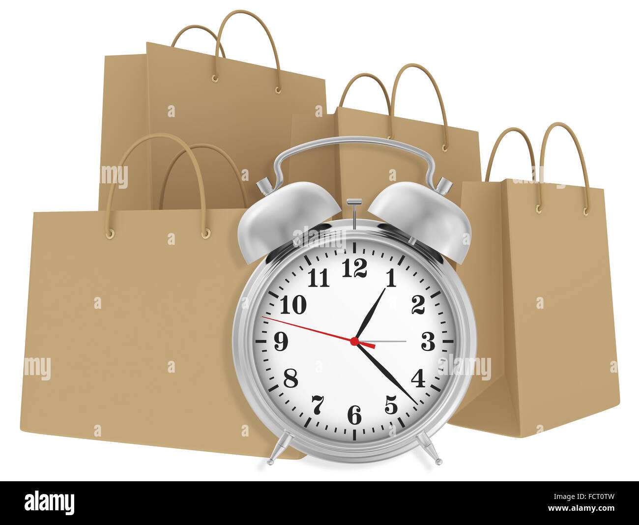 Orologio sveglia con sacchetti di carta isolato su sfondo bianco Foto Stock