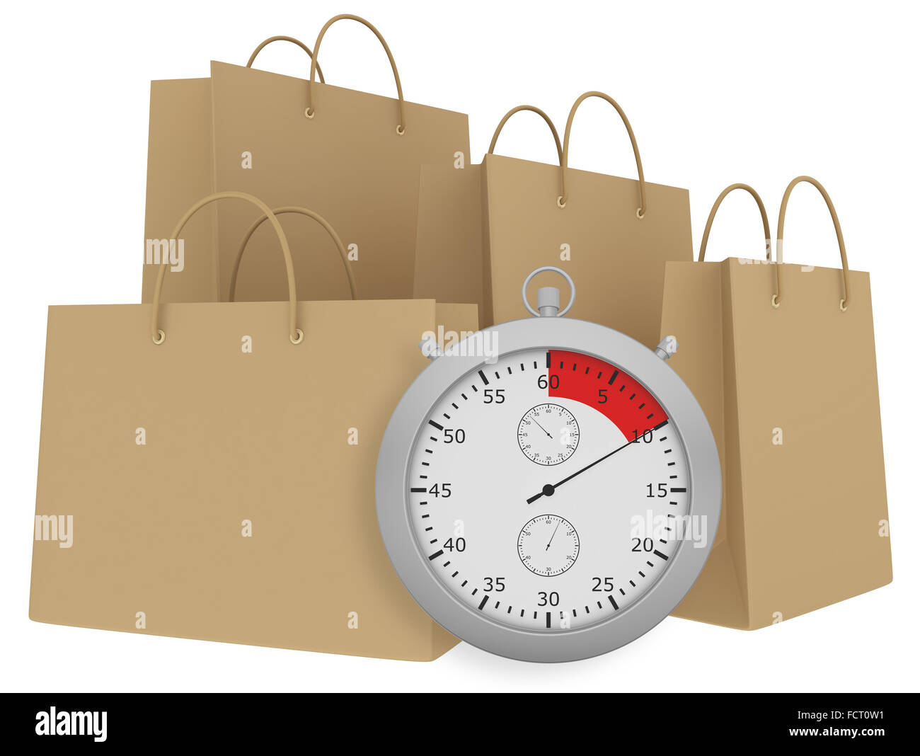 Cronometro con tre carta marrone sacca isolata su sfondo bianco Foto Stock