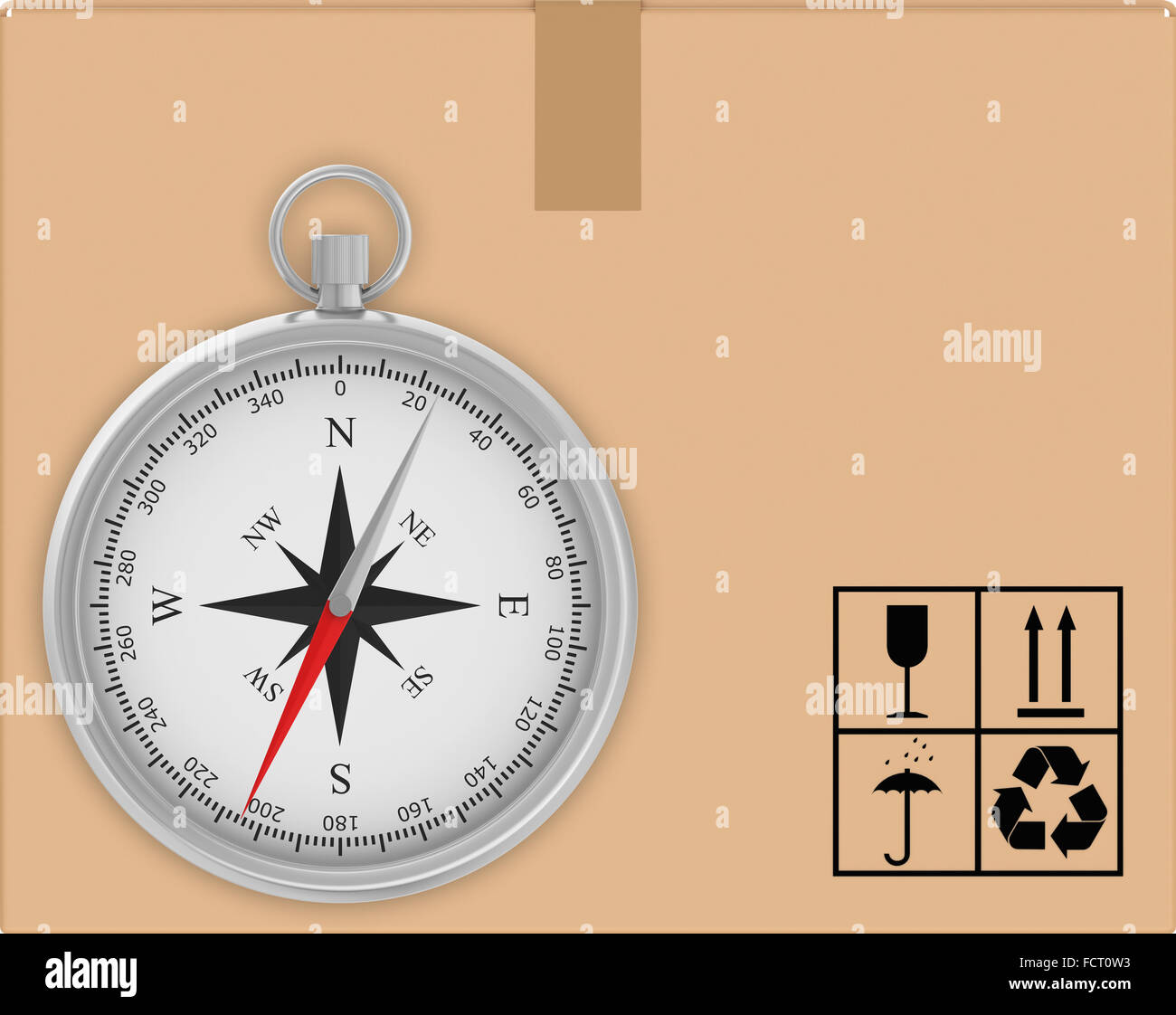Carta ricoperta scatole sui pallet di legno con una bussola in piedi accanto Foto Stock